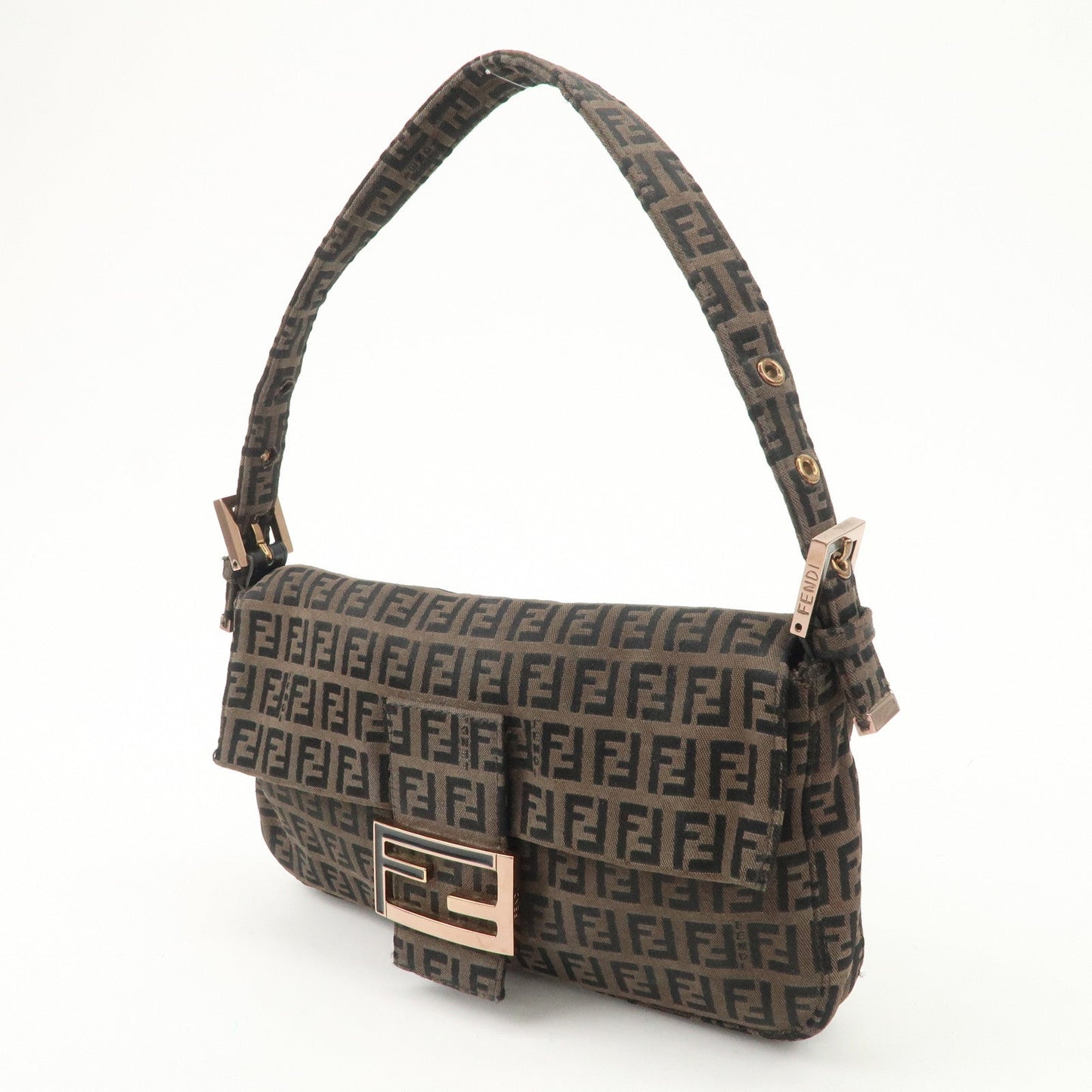 FENDI Mamma Baguette Canvas Shoulder Bag Brown Black 26424
