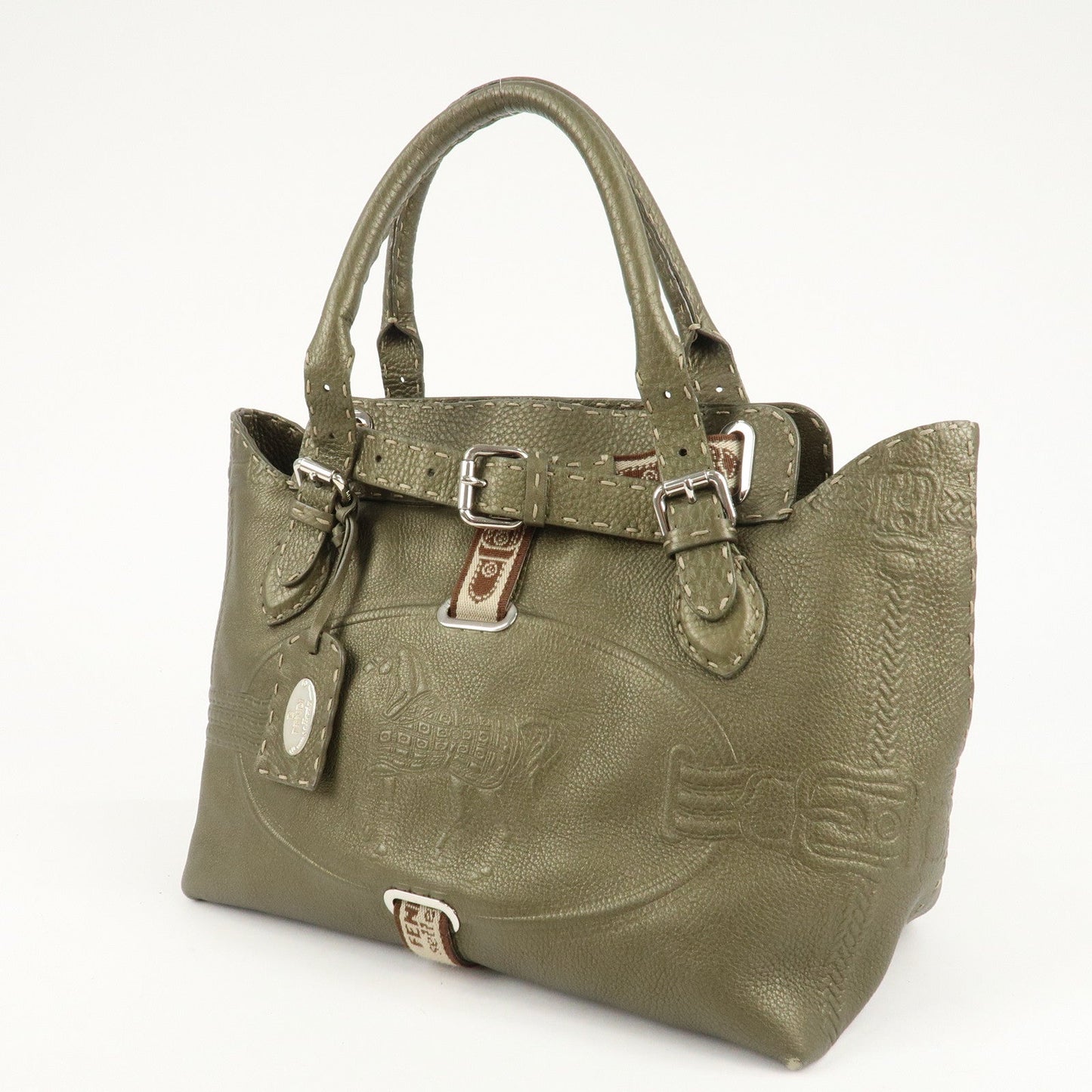 FENDI Selleria Leather Tote Bag Shoulder Bag Khaki 8BN155
