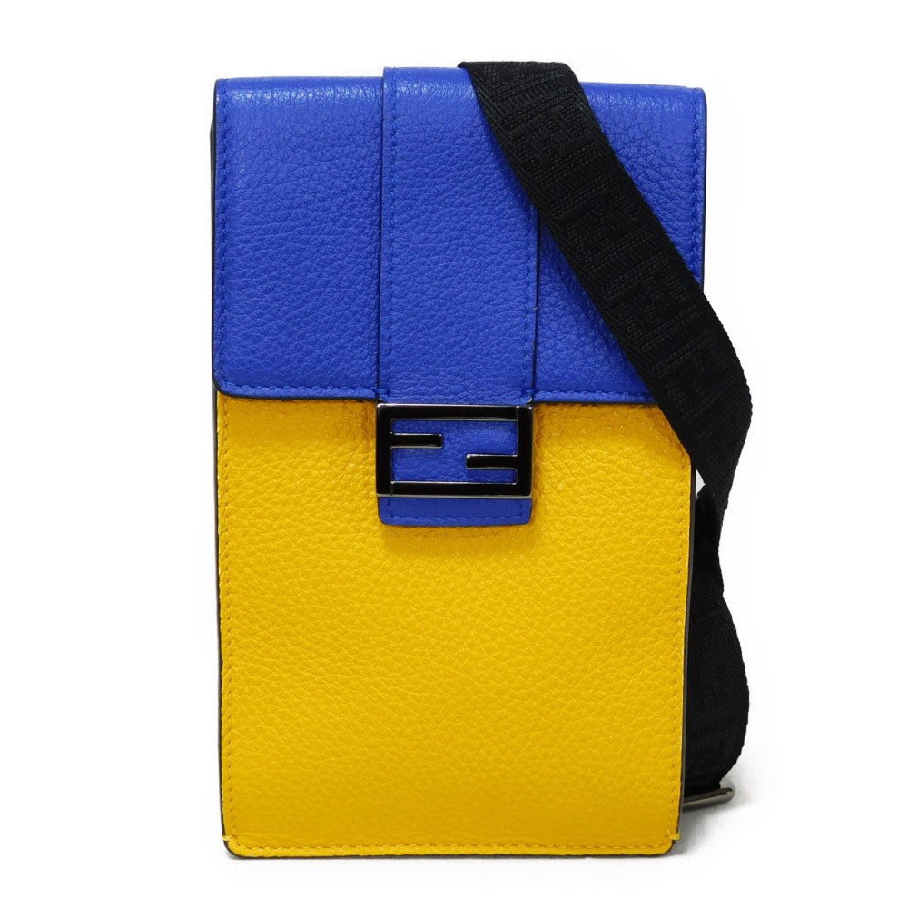 FENDI Shoulder Bag 7AS120 E1C F1H8N Calf leather (embossed) Blue x Yellow x Red Tricolor Pochette Unused FF logo F is forever phone holder unisex(Unisex)