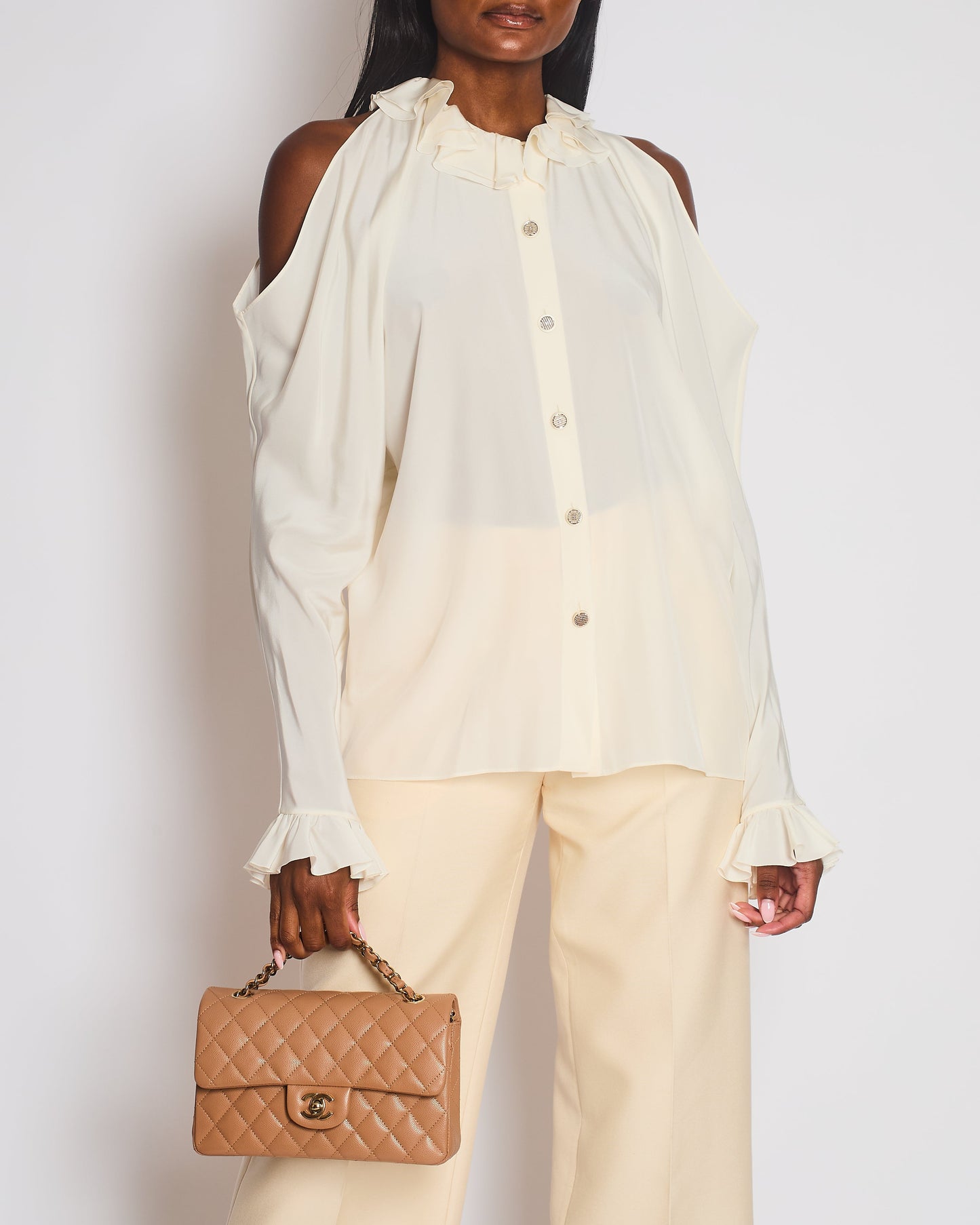 Chanel Cream Button Down Blouse with Shoulder Bag - Rovelle Bags