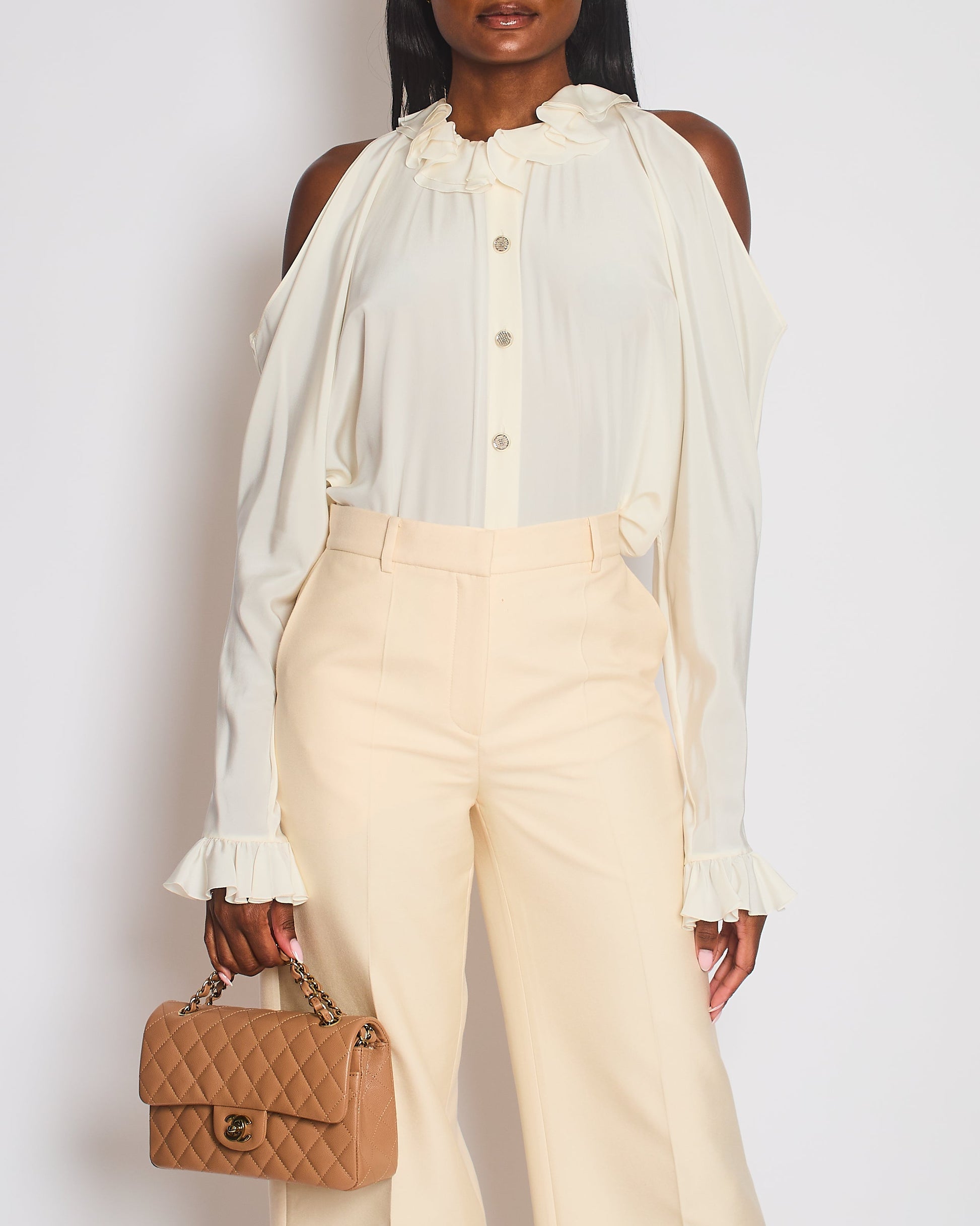 Chanel Cream Button Down Blouse with Shoulder Bag - Rovelle Bags