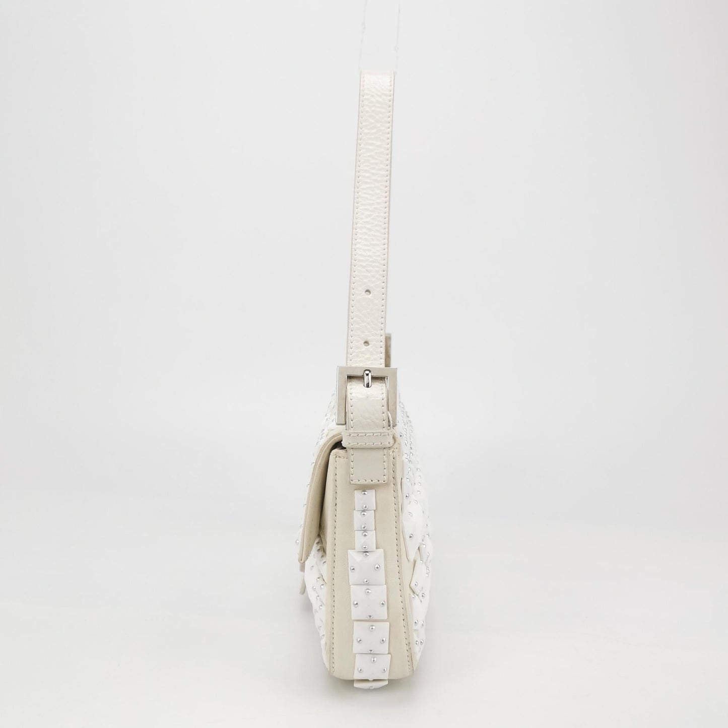 FENDI Baguette 1997 White Leather and Stones Zucca Interior Shoulder Bag