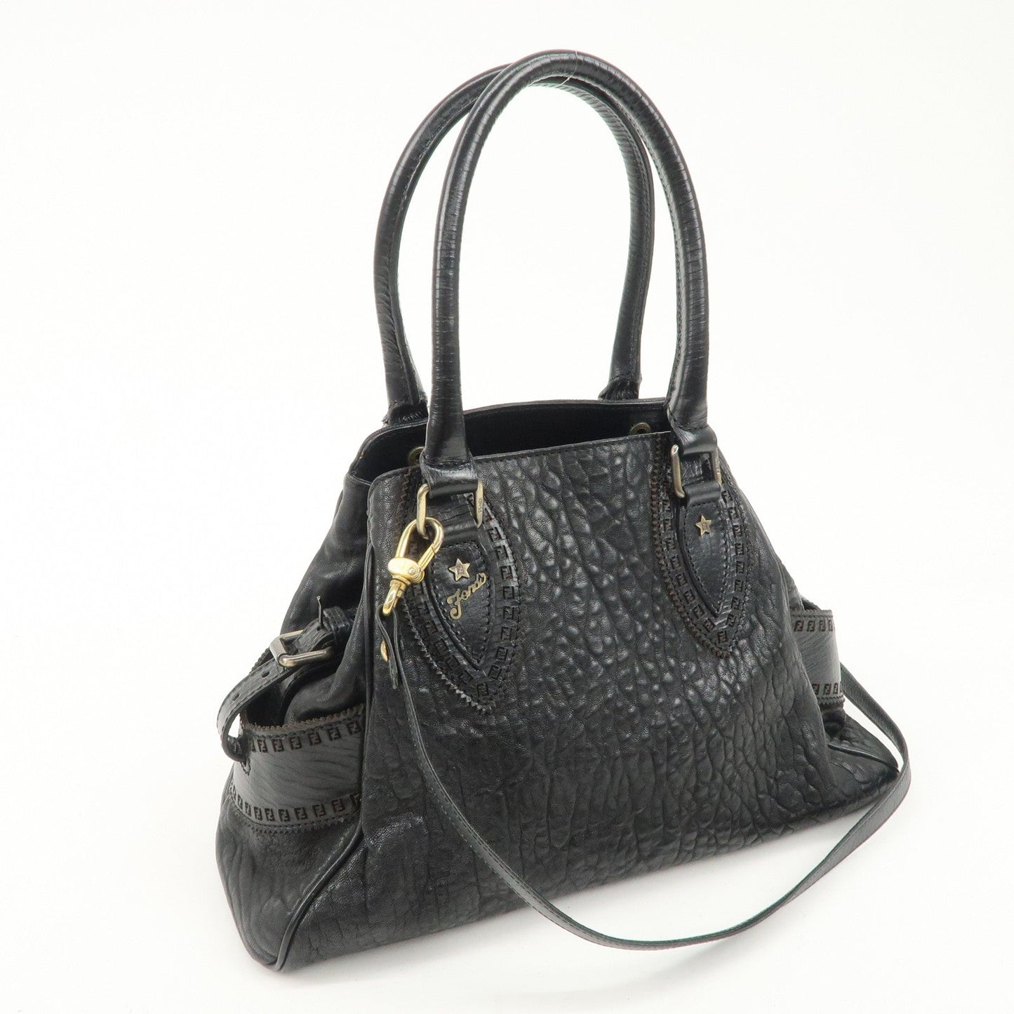 FENDI Ethnico Zucca Canvas Leather Shoulder Bag Black 8BN157