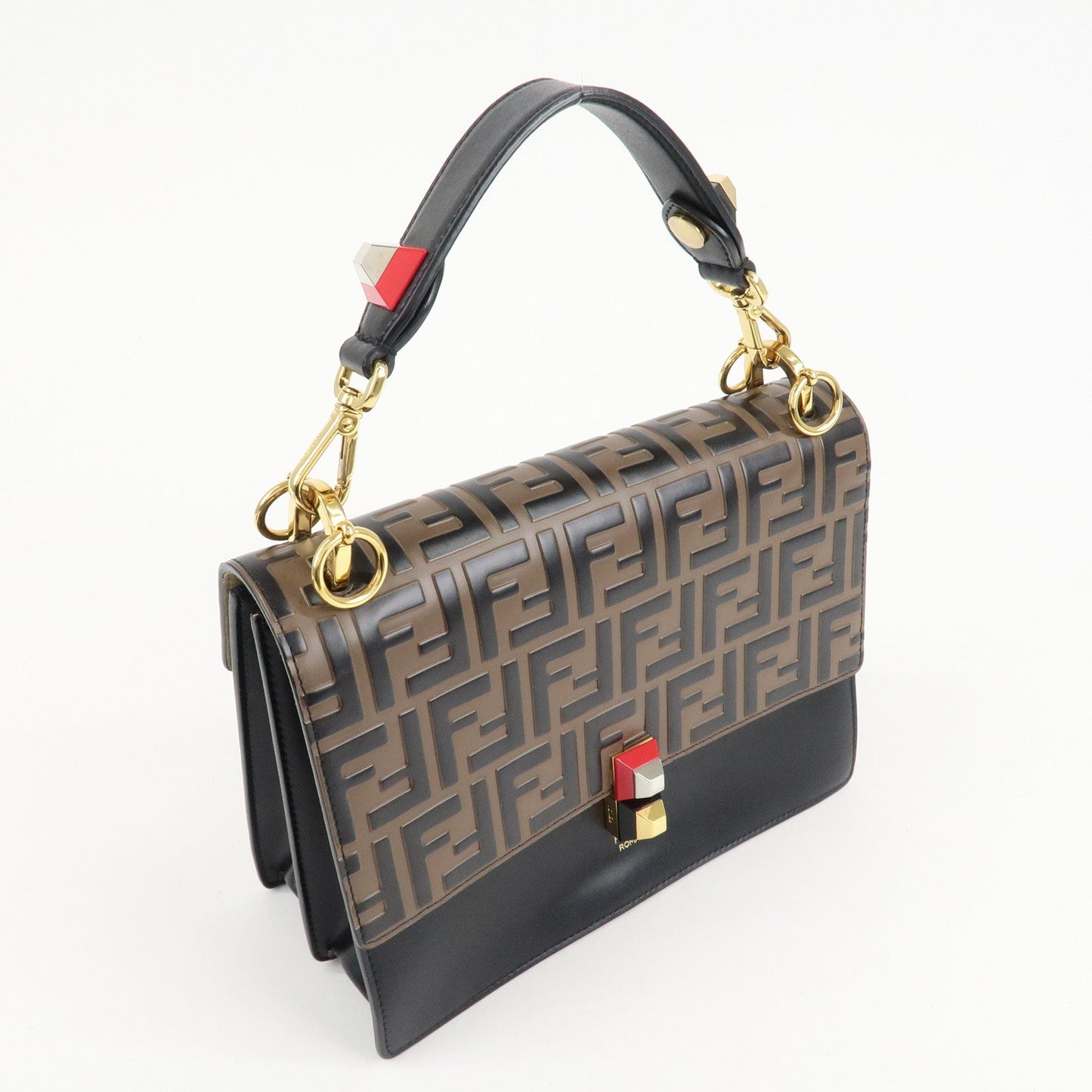 FENDI Zucca KAN I Leather 2Way Bag Hand Bag Brown Black 8BT283