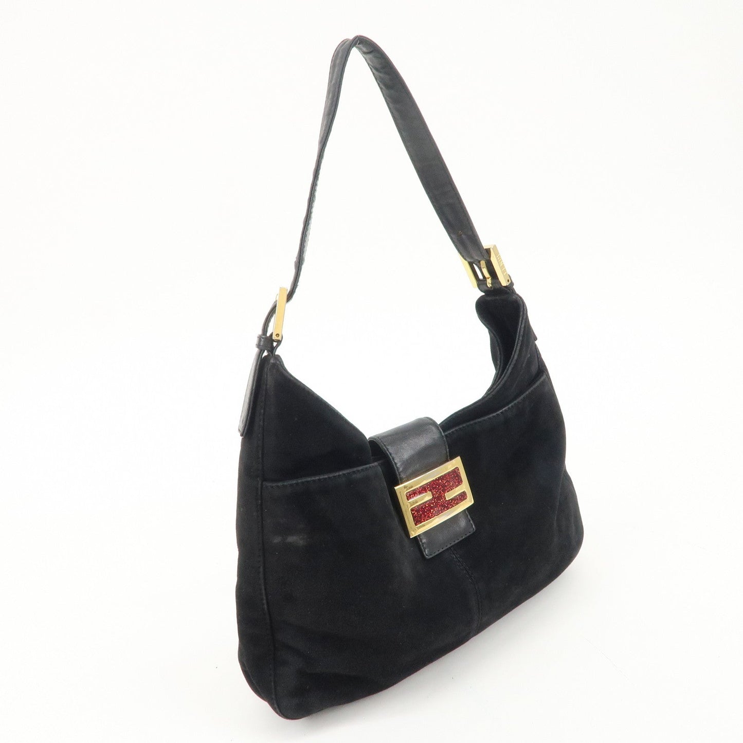 FENDI Suede Leather Shoulder Bag Black 26569