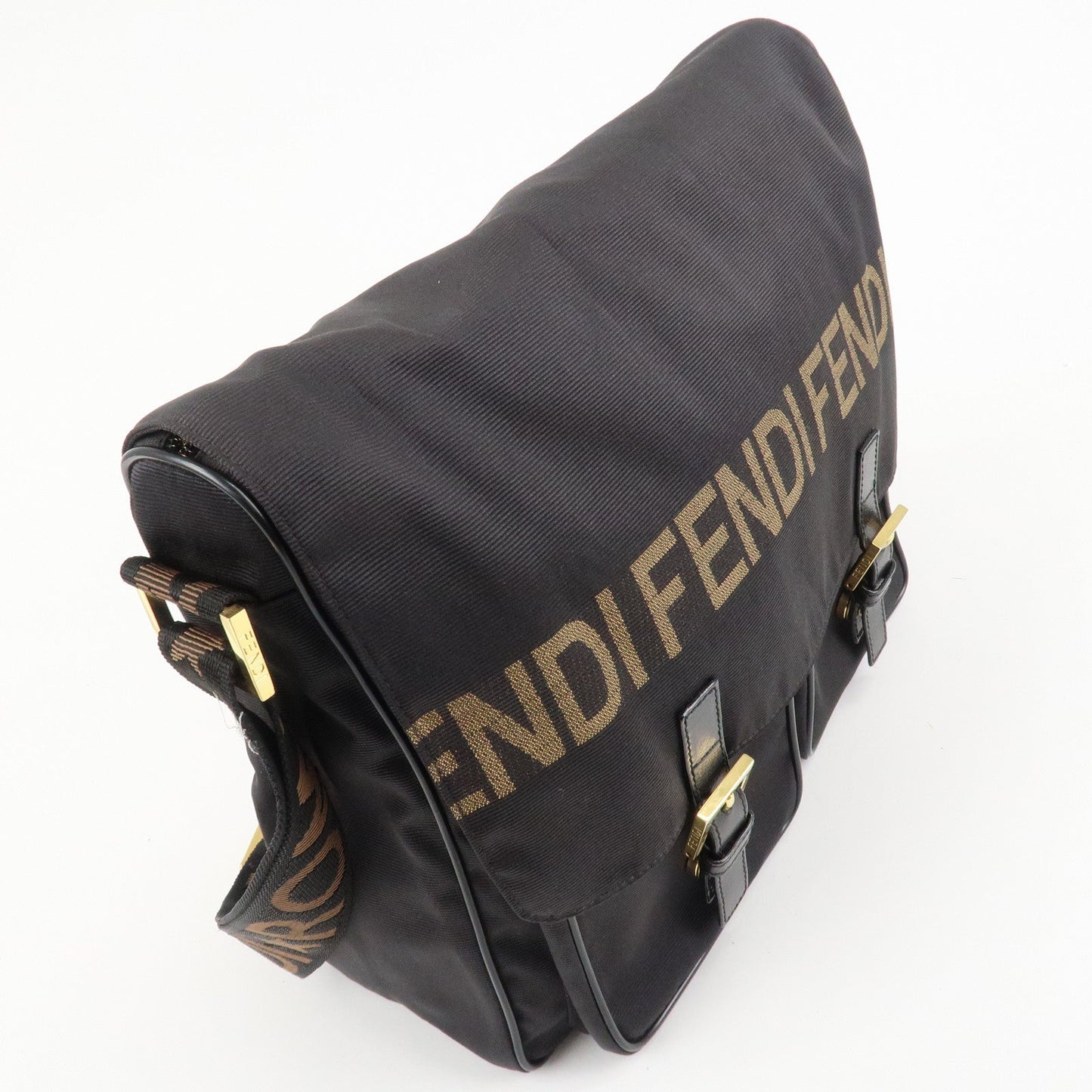 FENDI Nylon Canvas Leather Shoulder Bag Hand Bag Black Brown