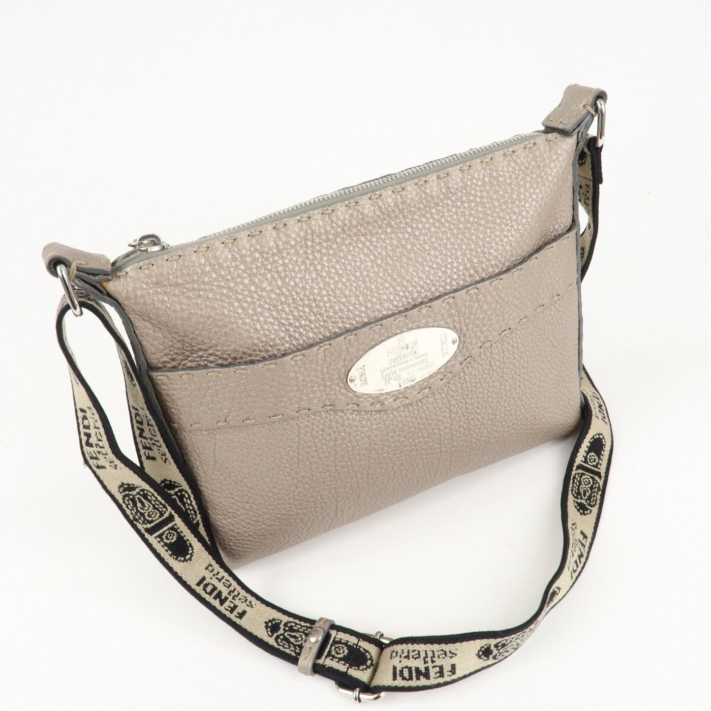 FENDI Selleria Leather Shoulder Bag Crossbody Bag Greige 8BT092