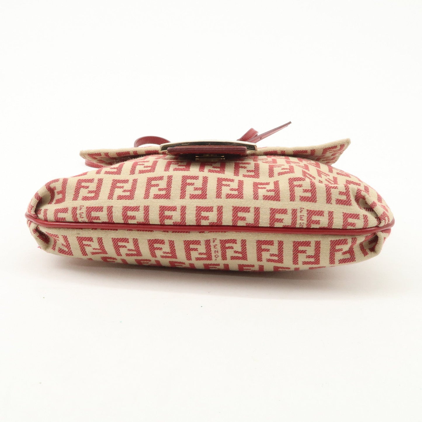 FENDI Zucchino Canvas Leather Shoulder Bag Beige Red 8BT075