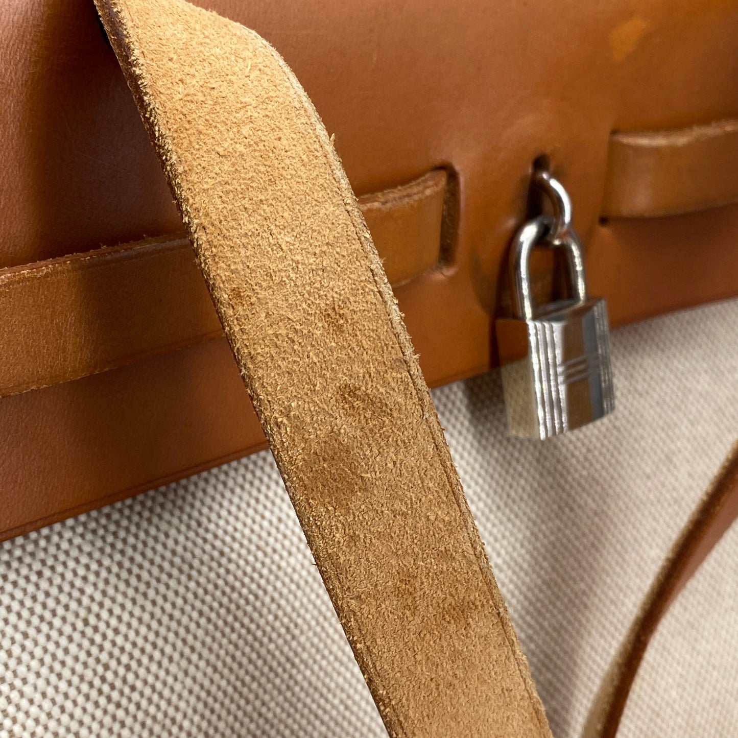 Hermes 2001 Herbag 31 Beige Canvas & Natural Caramel Cowhide Shoulder Bag