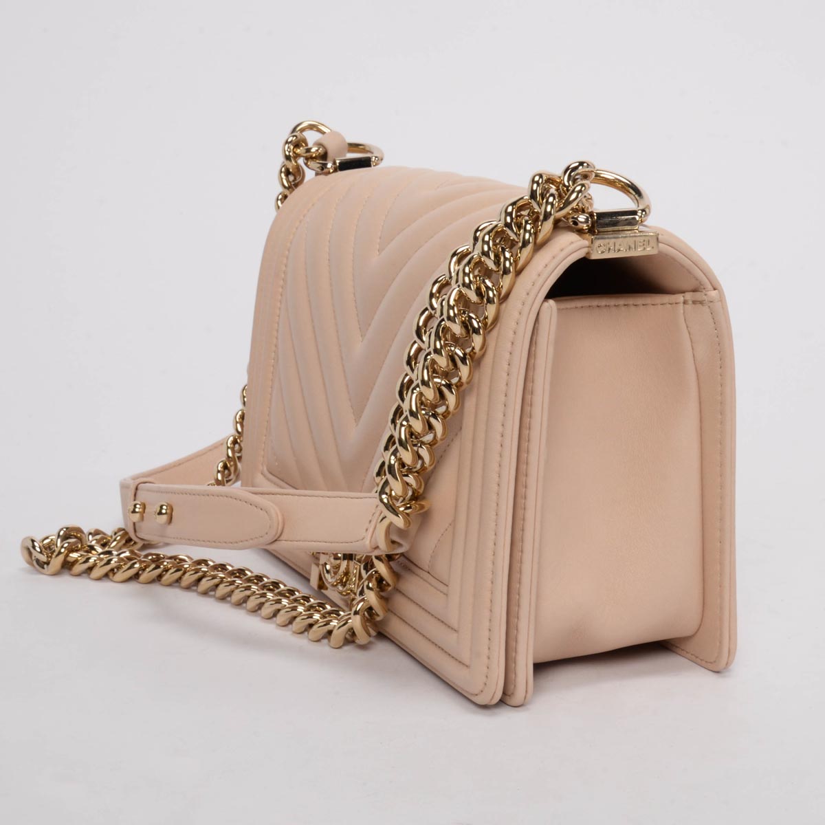Chanel Beige Chevron Lambskin Old Medium Handbag - Rovelle Bags