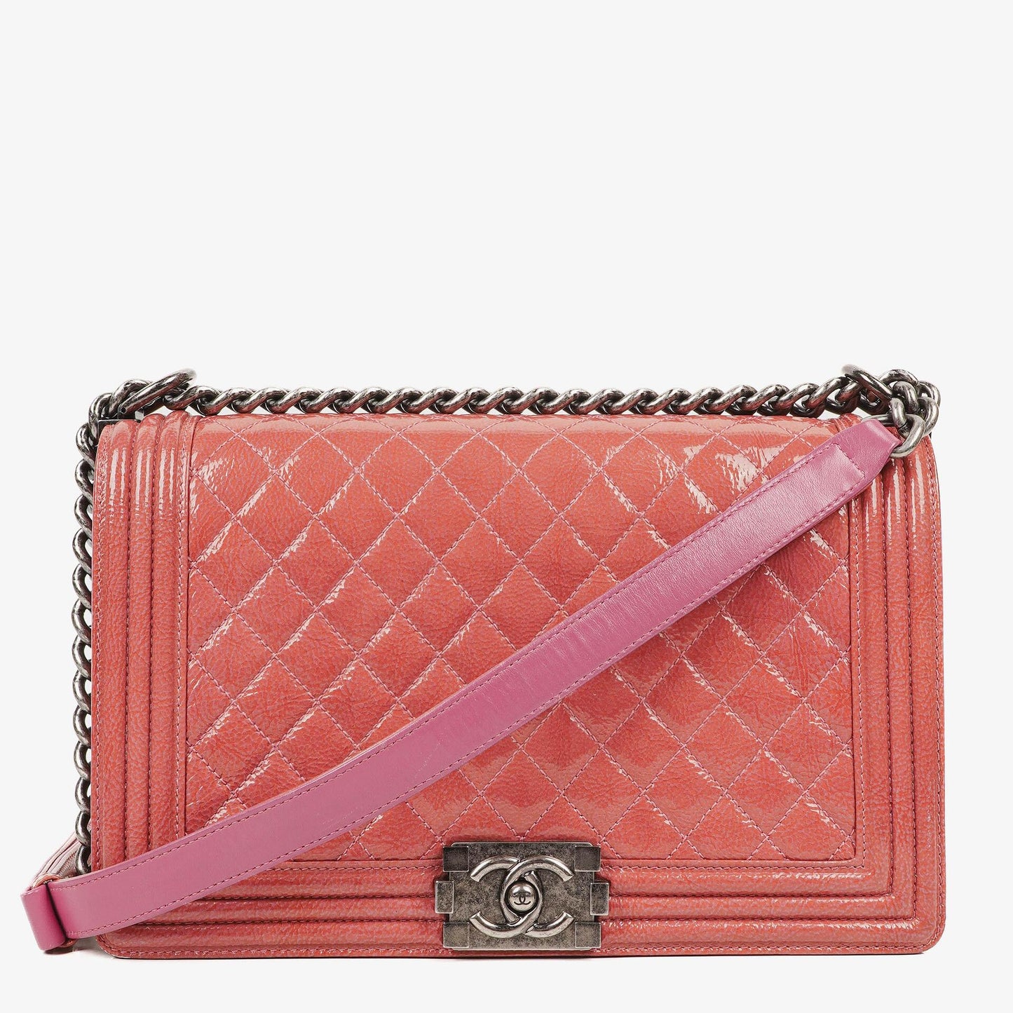 Chanel Large Boy Pink Distressed Patent Quilted Flap Bag