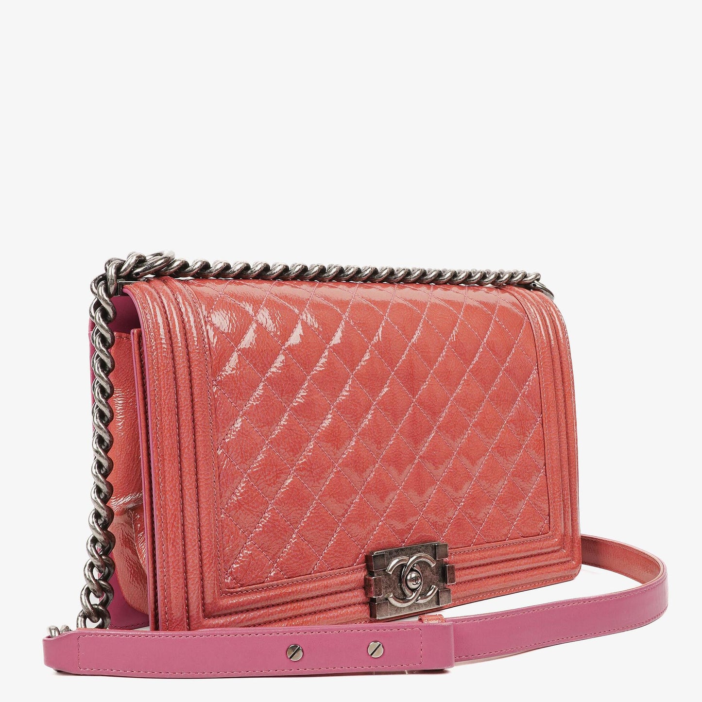 Chanel Large Boy Pink Distressed Patent Quilted Flap Bag