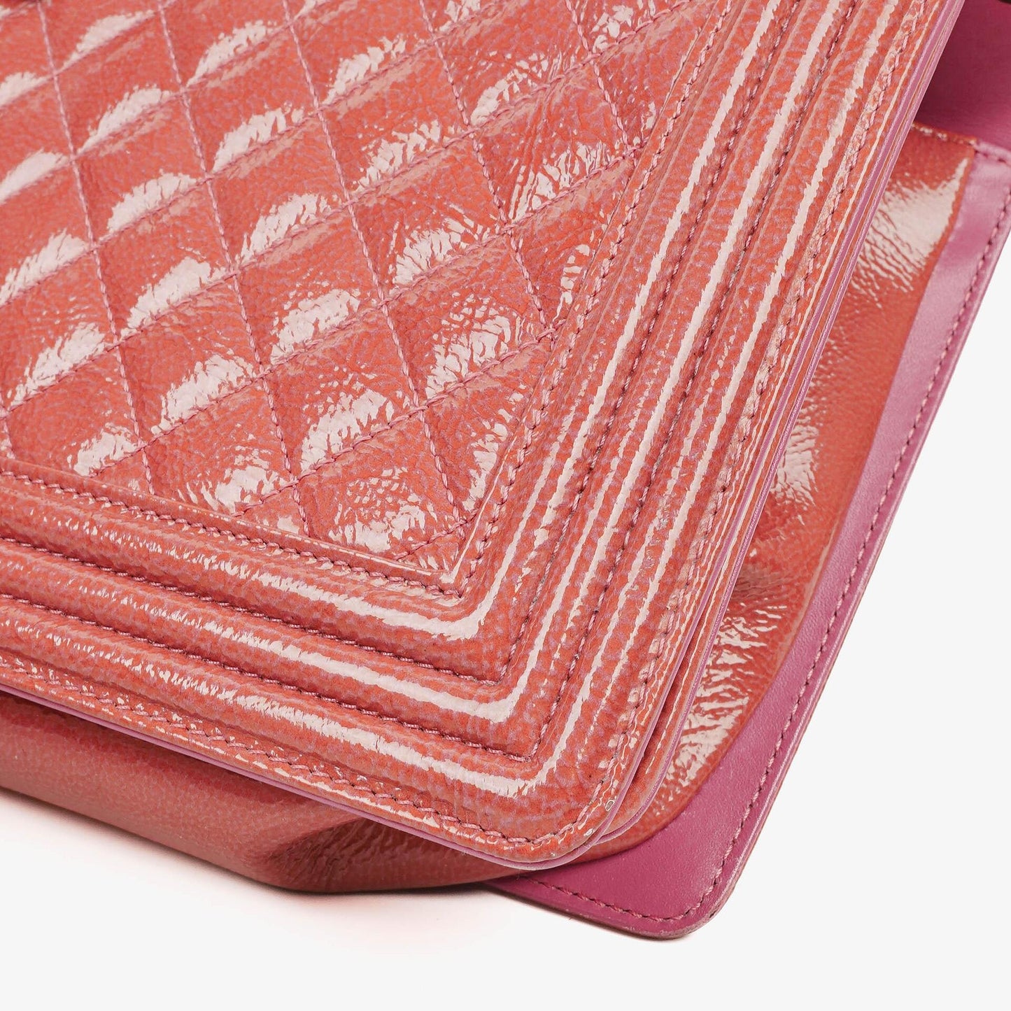 Chanel Large Boy Pink Distressed Patent Quilted Flap Bag