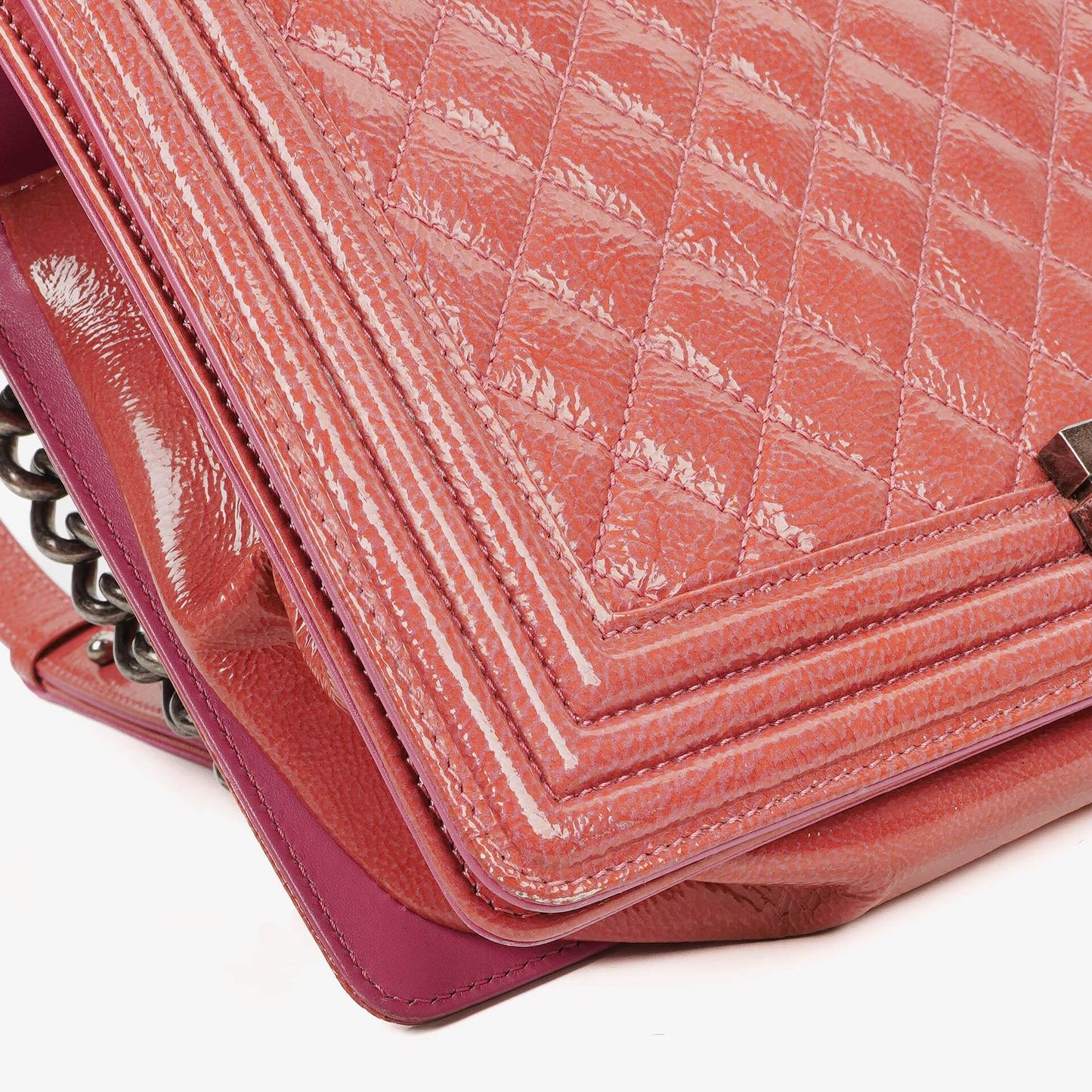 Chanel Large Boy Pink Distressed Patent Quilted Flap Bag