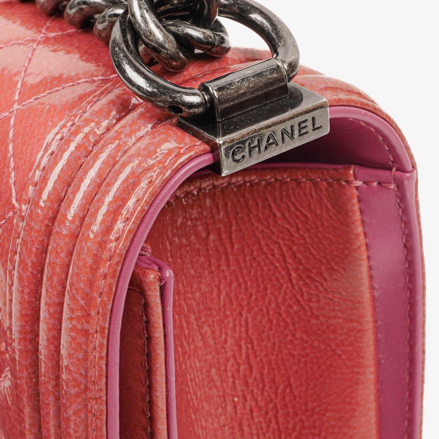 Chanel Large Boy Pink Distressed Patent Quilted Flap Bag