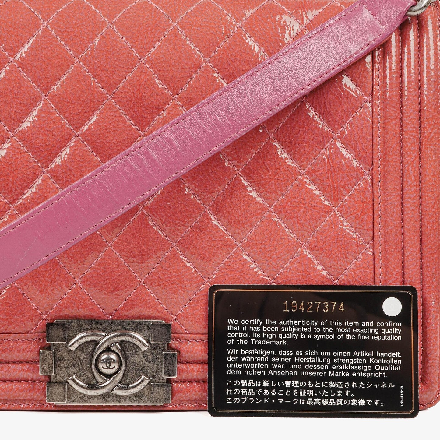 Chanel Large Boy Pink Distressed Patent Quilted Flap Bag