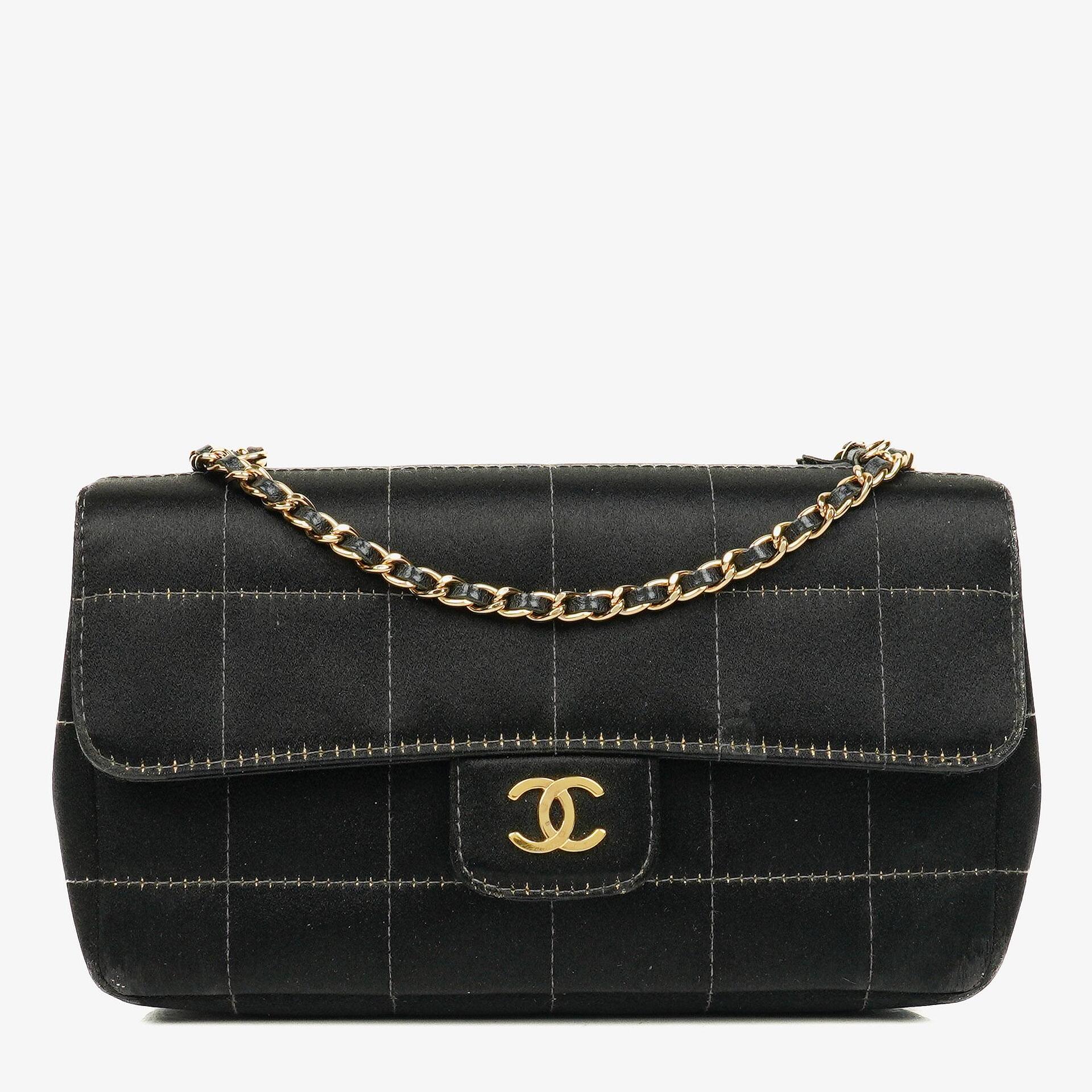 Chanel Black Satin Chocolate Bar Quilted Rectangular Mini Flap Bag