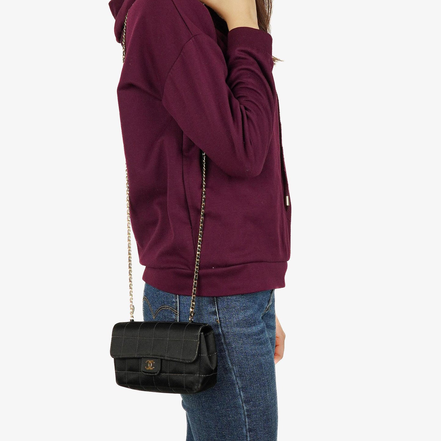 Chanel Black Satin Chocolate Bar Quilted Rectangular Mini Flap Bag