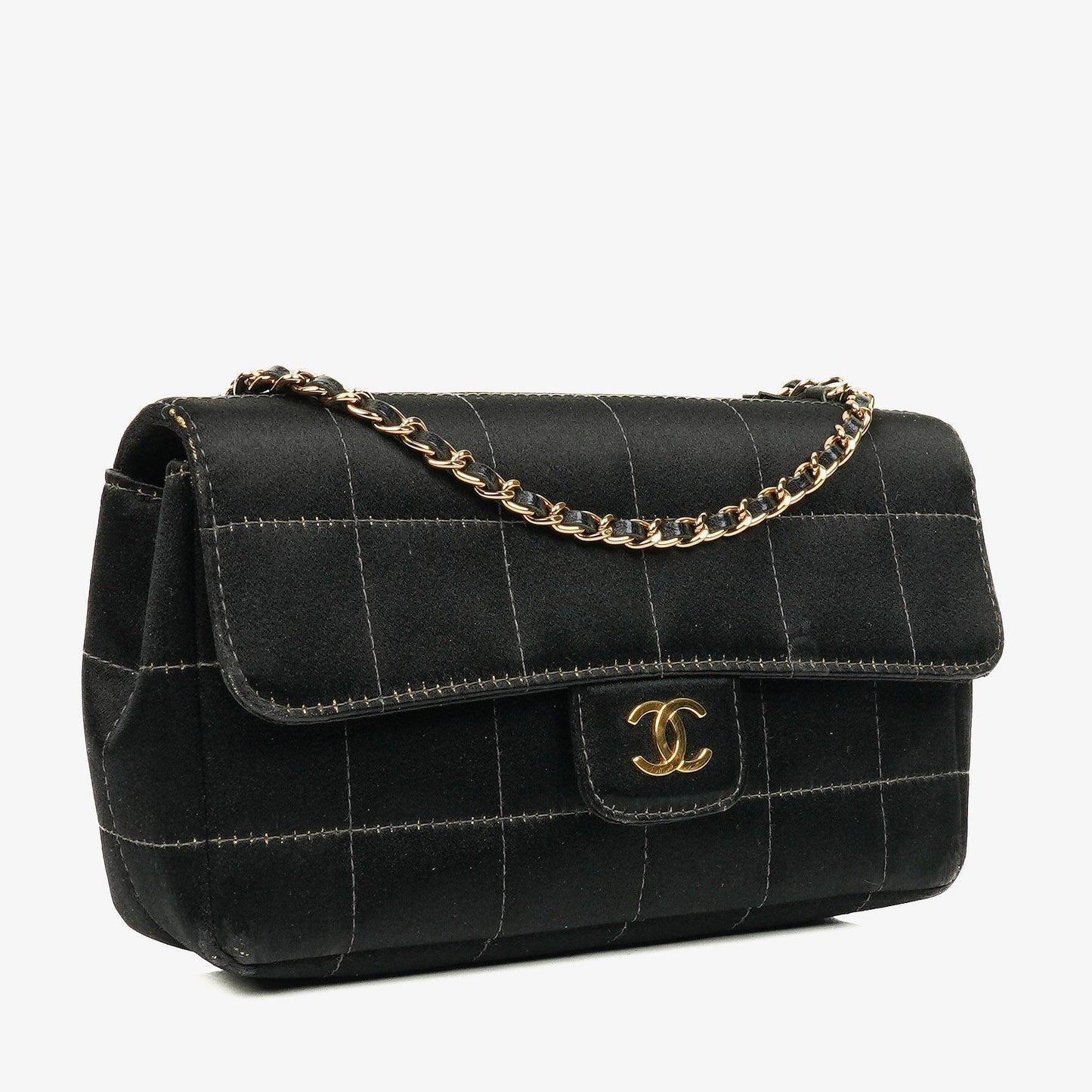 Chanel Black Satin Chocolate Bar Quilted Rectangular Mini Flap Bag