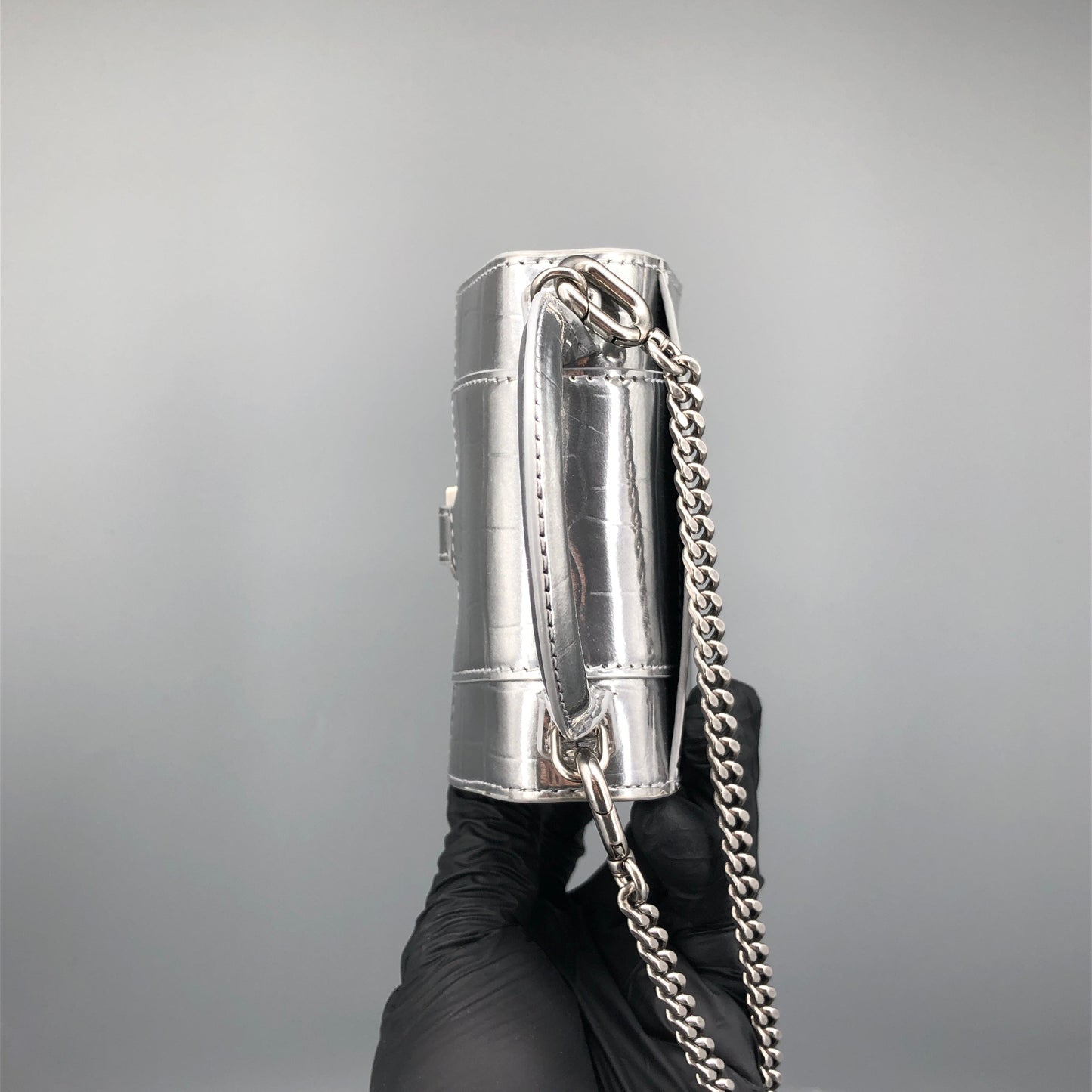 Balenciaga Silver Croc Embossed micro Hourglass Top Handle Bag