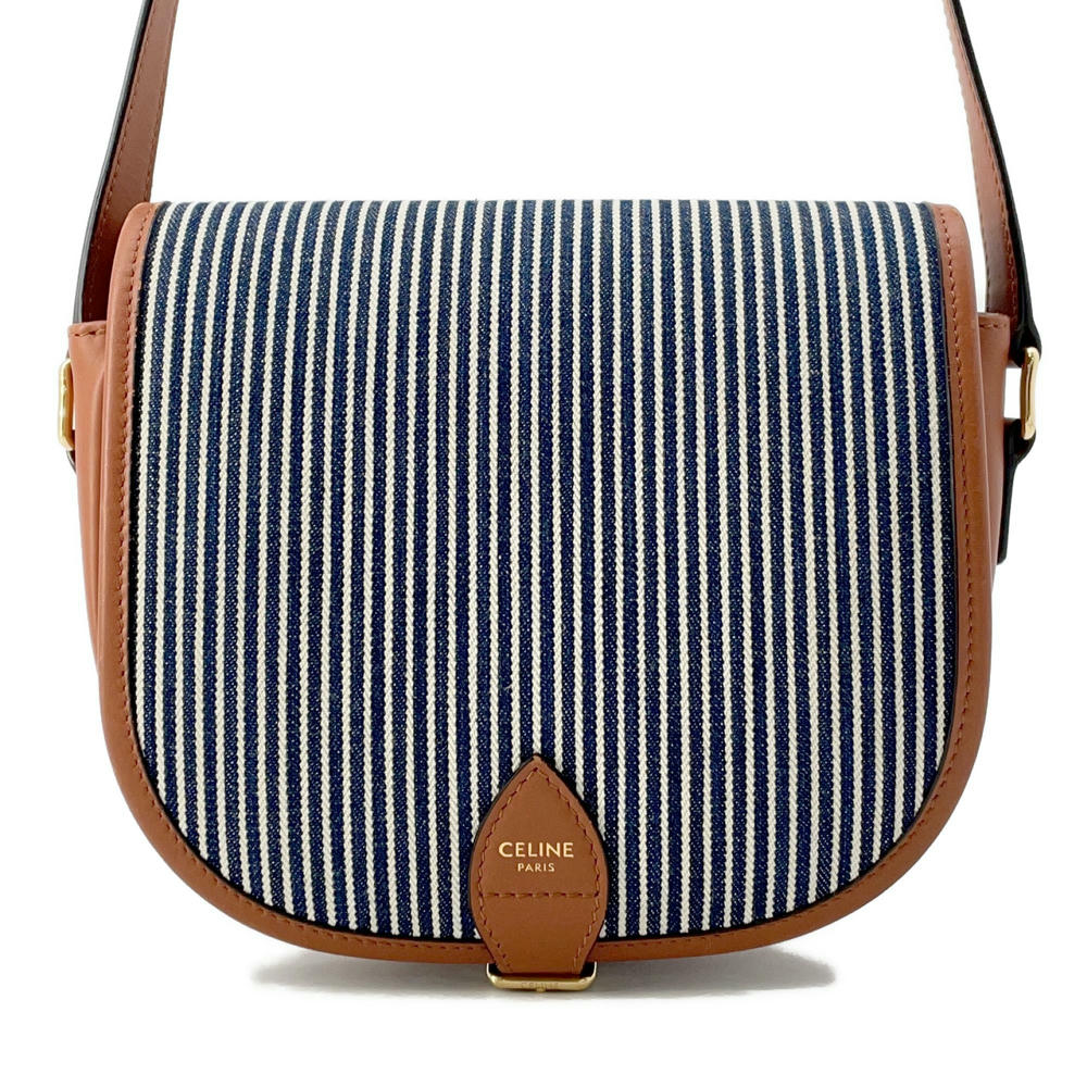 CELINE Striped Falco Shoulder Bag Blue/White/Brown191502 Canvas Leather Size Medium