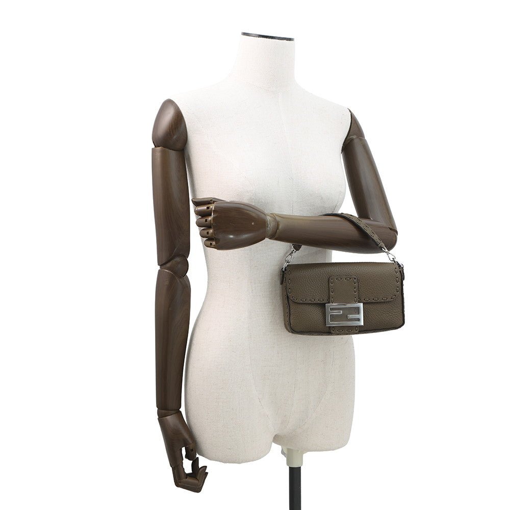 FENDI Baguette Selleria 2-Way Chain Shoulder Bag Khaki8BS017 Leather Size Mini