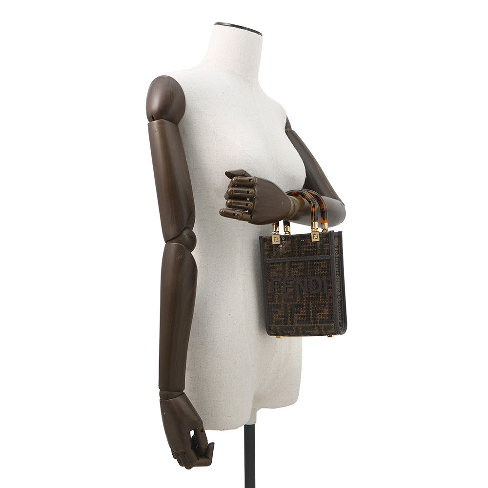 FENDI Zucca Sunshine Shopper 2-Way Handbag Brown8BS051 Canvas Leather Sequins