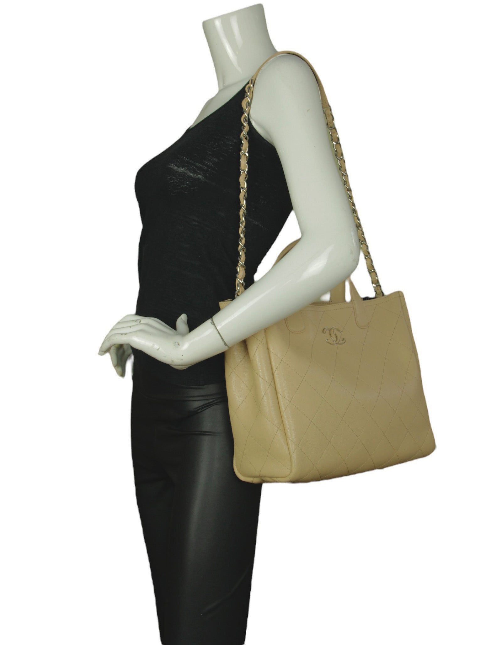 Chanel Beige Caviar Quilted CC Shopping Tote Bag - Rovelle Bags