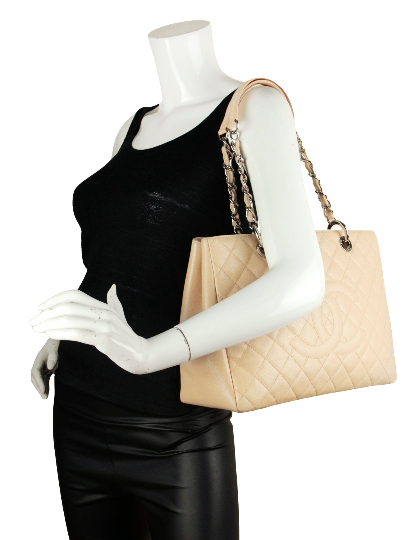 Chanel Beige Caviar Leather Quilted Grand Tote Bag - Rovelle Bags