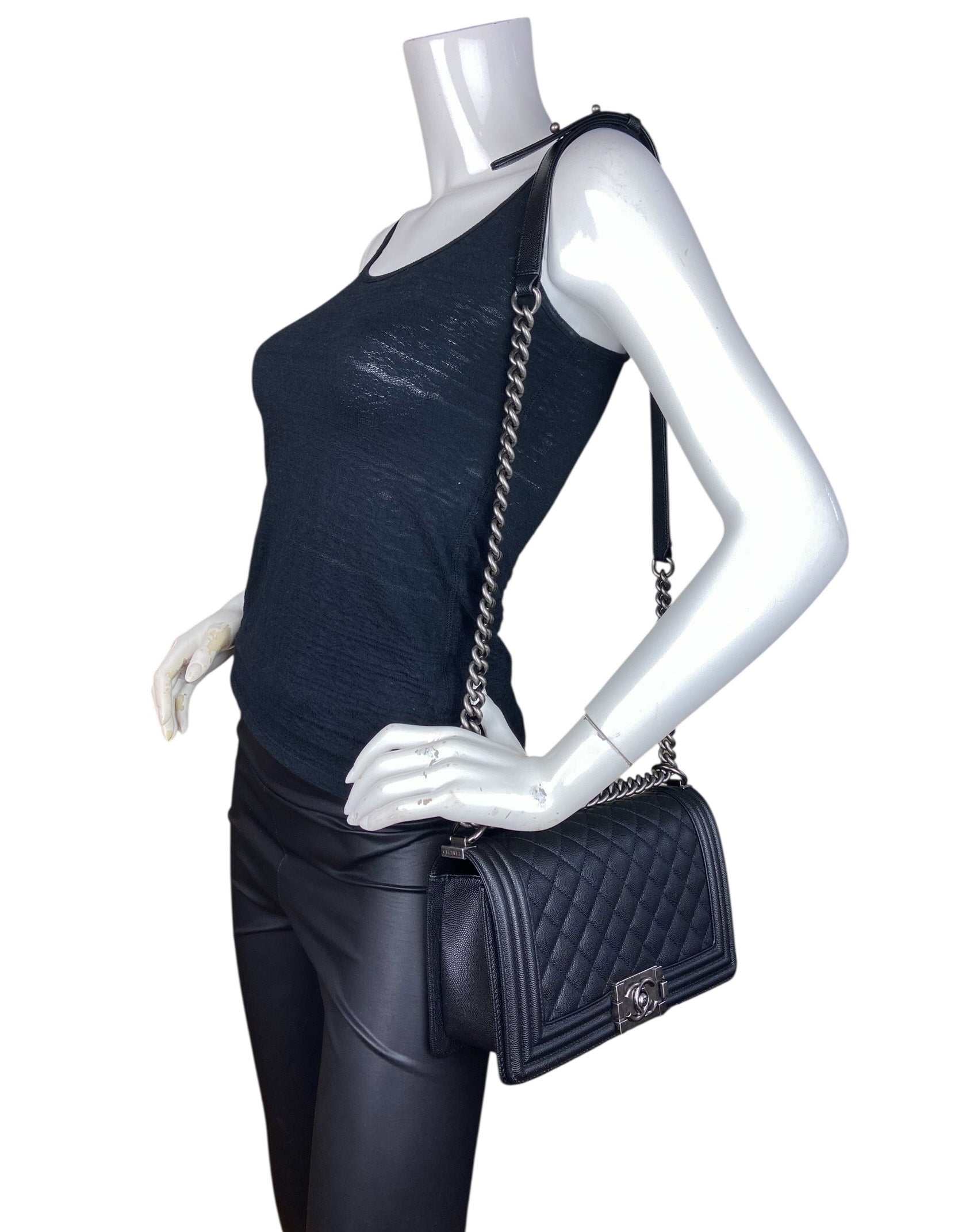 Chanel Black Caviar Medium Boy Handbag - Rovelle Bags