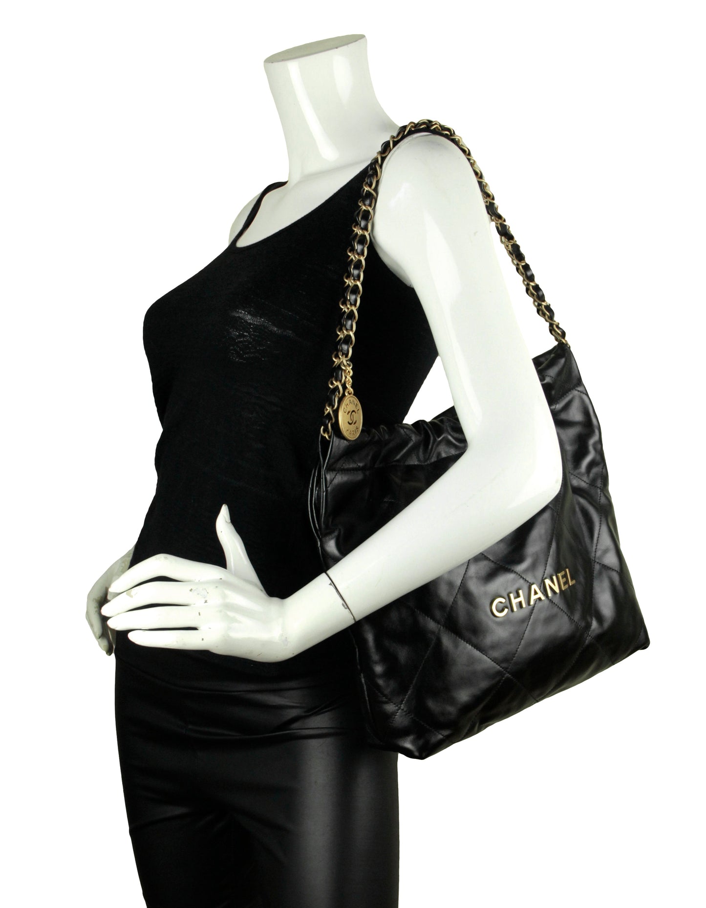 Chanel Black Shiny Calfskin Quilted Small Tote Bag - Rovelle Bags