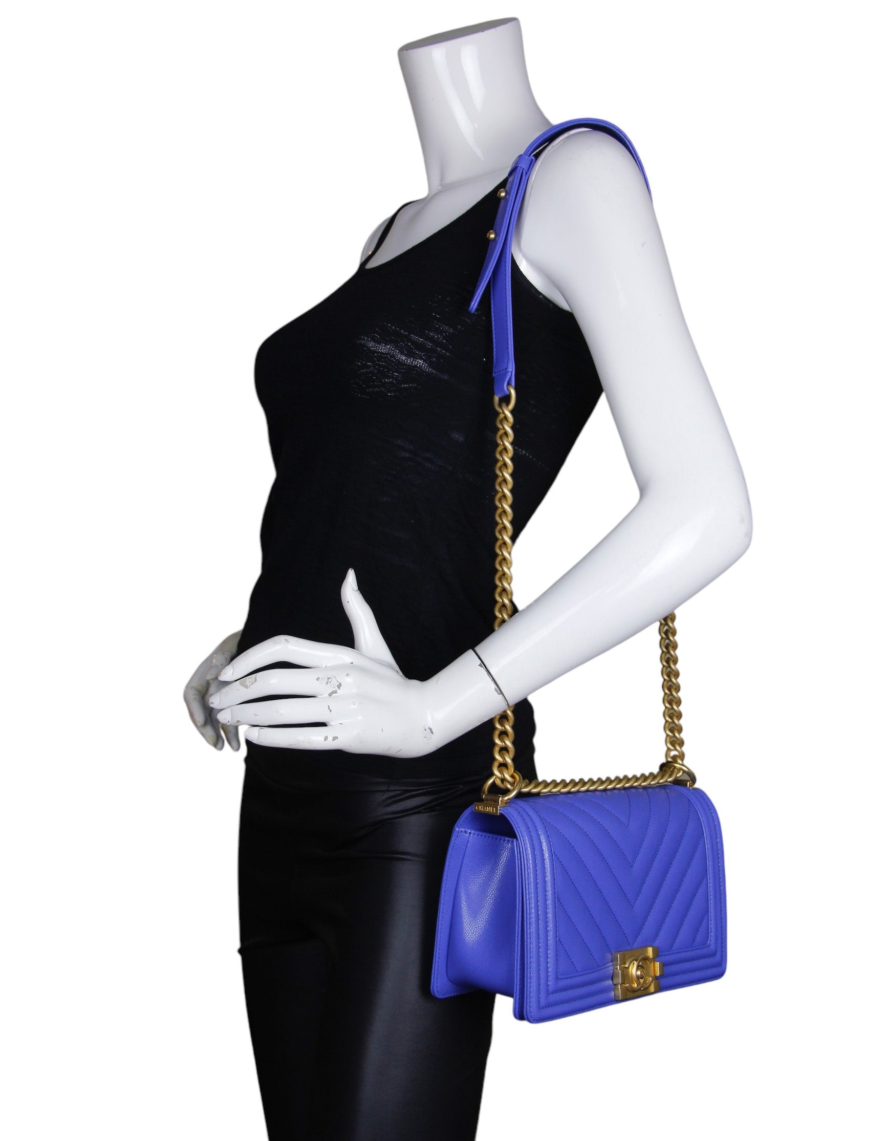 Chanel Cobalt Caviar Chevron Quilted Medium Handbag - Rovelle Bags