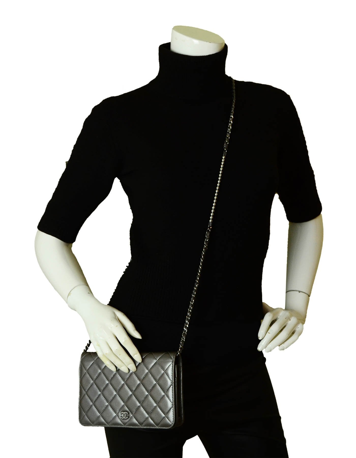Chanel Silver Lambskin Pearl Wallet On Crossbody Bag - Rovelle Bags