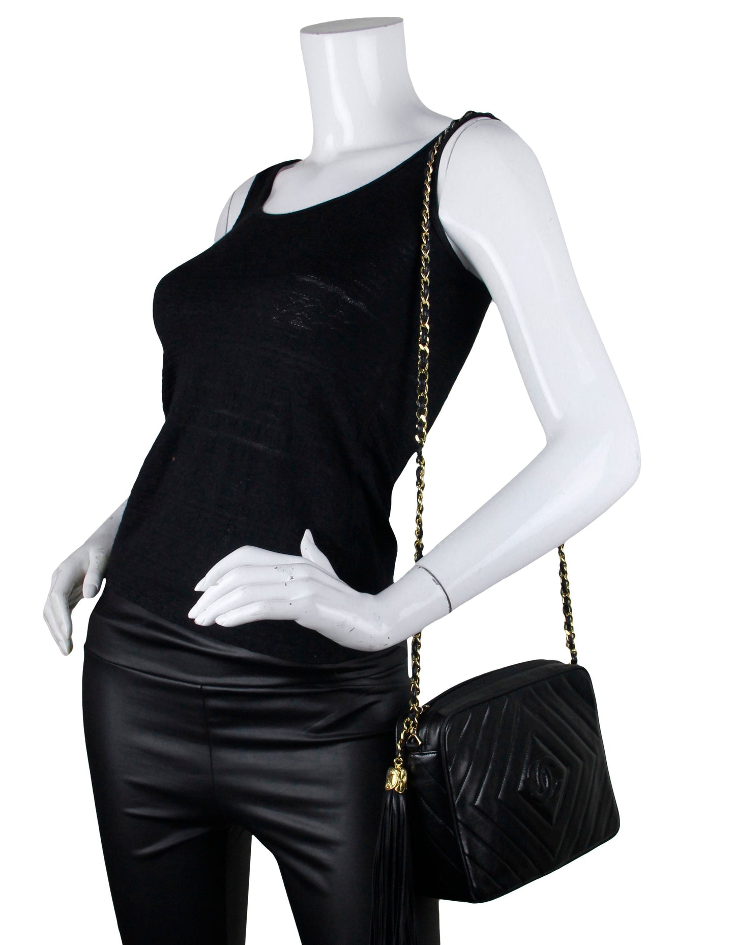 Chanel Black Lambskin Leather Diamond Quilted Camera Bag - Rovelle Bags