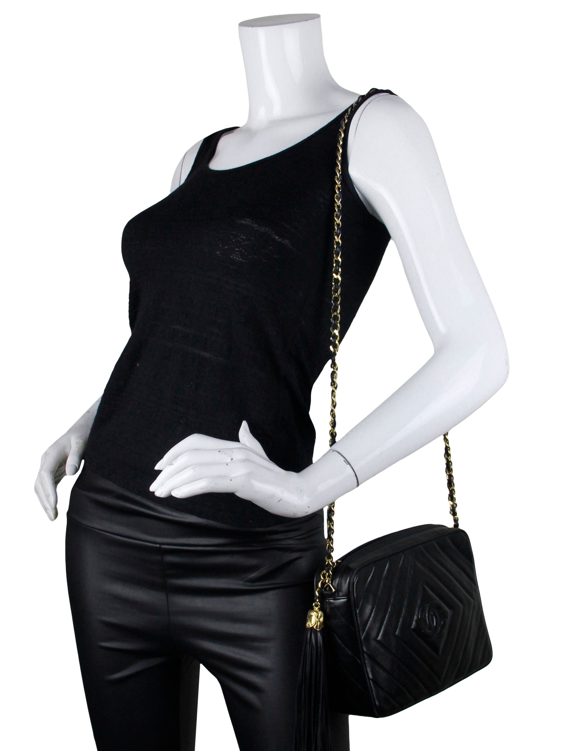 Chanel Black Lambskin Leather Diamond Quilted Camera Bag - Rovelle Bags