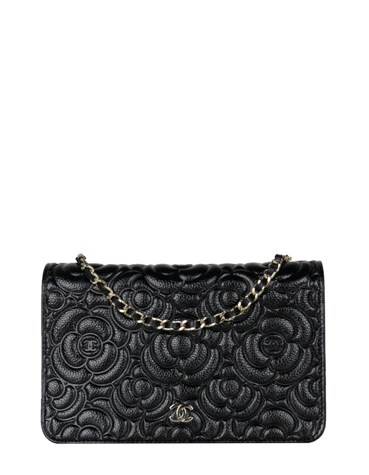 Chanel Black Caviar Camellia Wallet on Crossbody Bag - Rovelle Bags