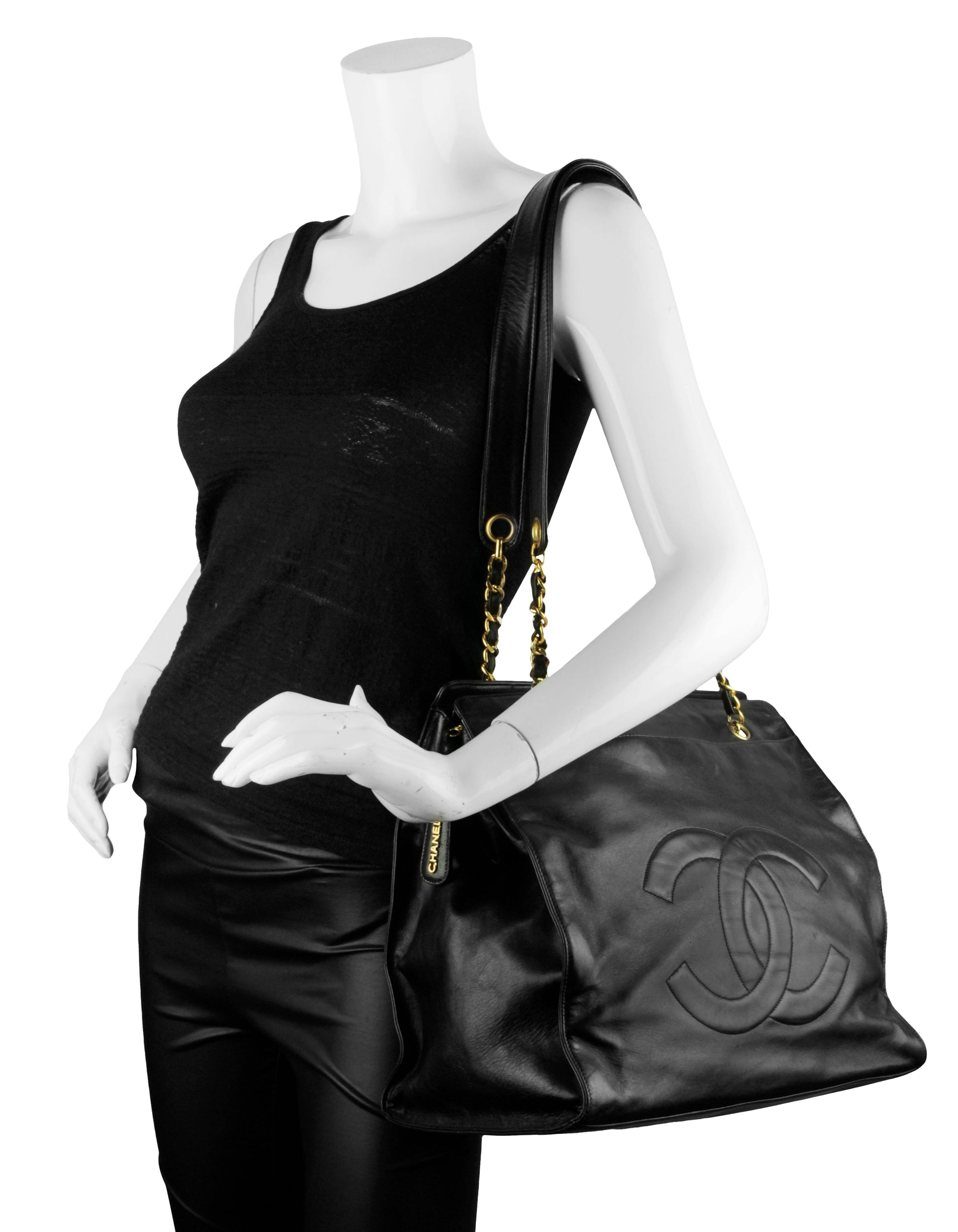 Chanel Black Lambskin Leather CC Logo Tote Bag - Rovelle Bags