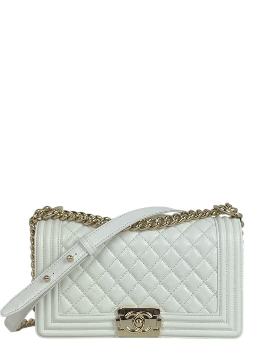 Chanel 2025 White Caviar Medium Boy Handbag - Rovelle Bags