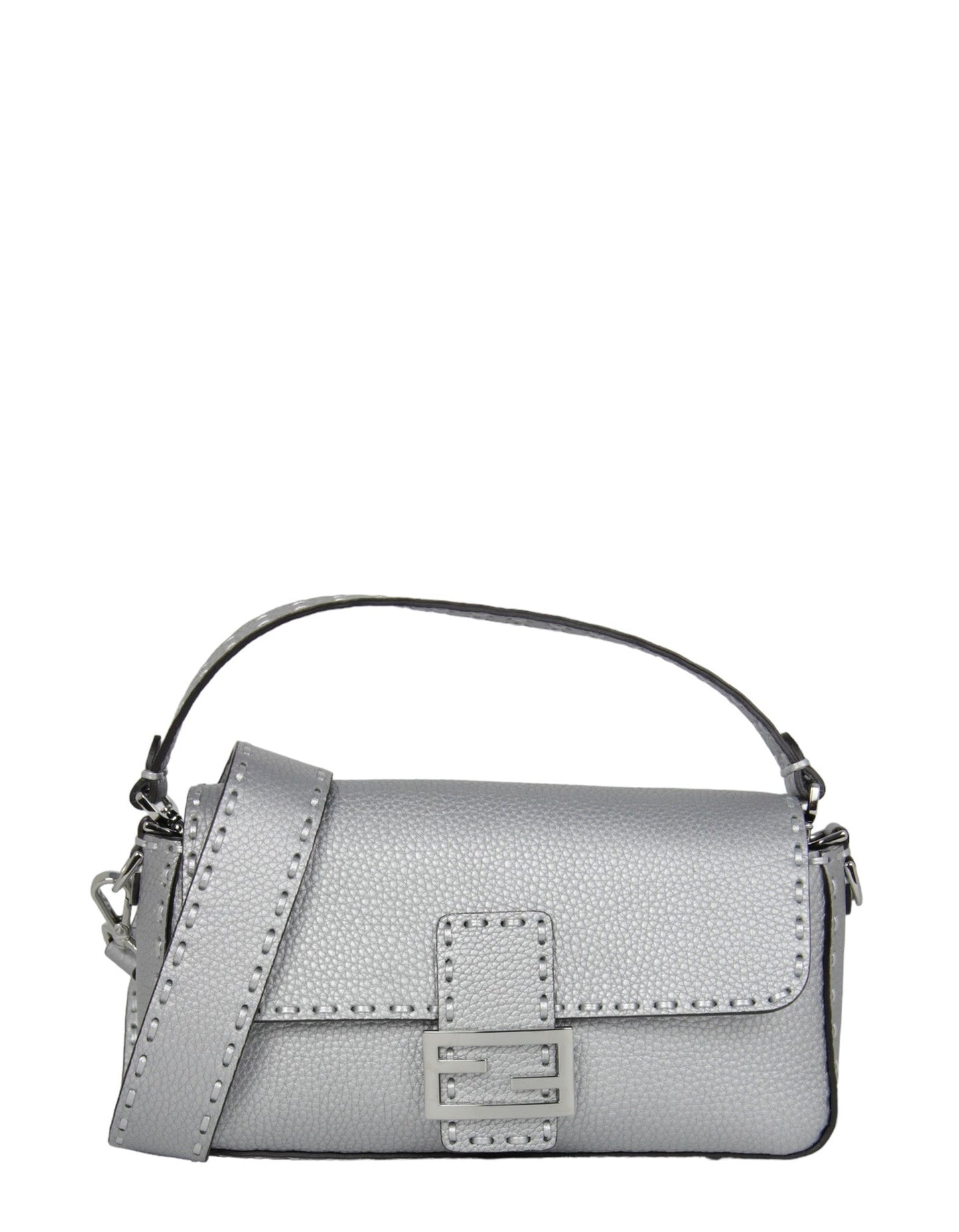 Fendi Silver Selleria Leather Baguette Bag w/ Oversized Topstitching