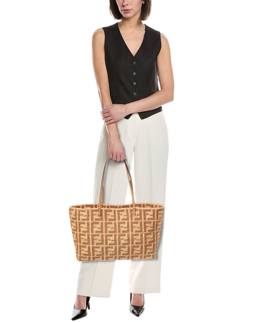 Fendi Roll Large Ff Raffia Tote, Beige