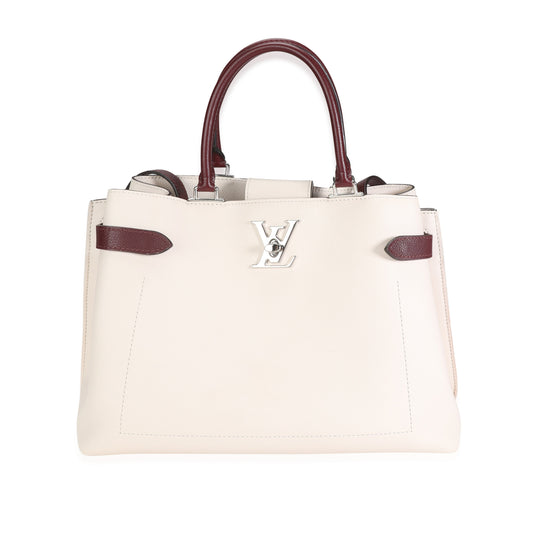 LOUIS VUITTON Cream & Burgundy Grained Calf Leather Lockme Day Bag