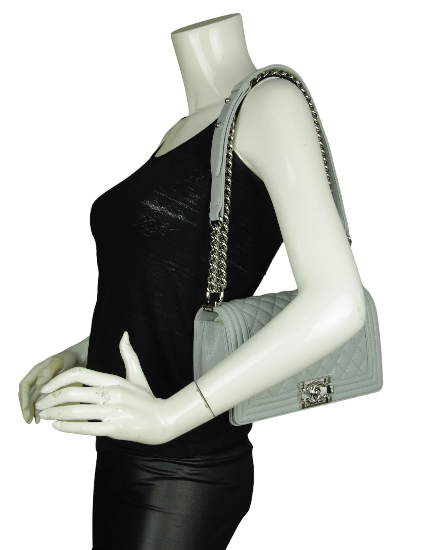 Chanel Grey Shiny Caviar Quilted Medium Handbag - Rovelle Bags