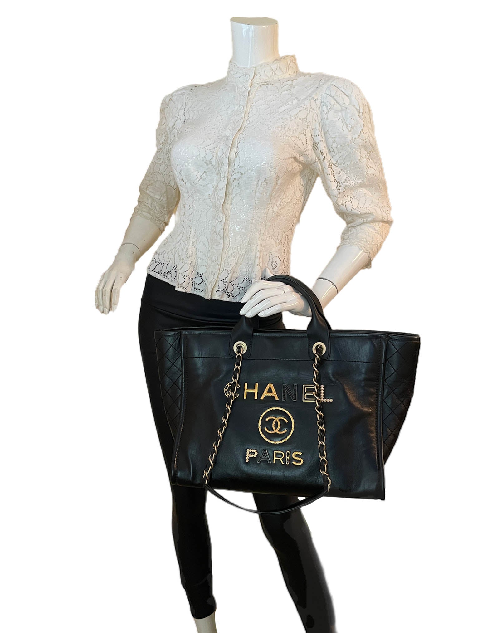 Chanel Black Aged Calfskin Leather Medium Tote Bag - Rovelle Bags
