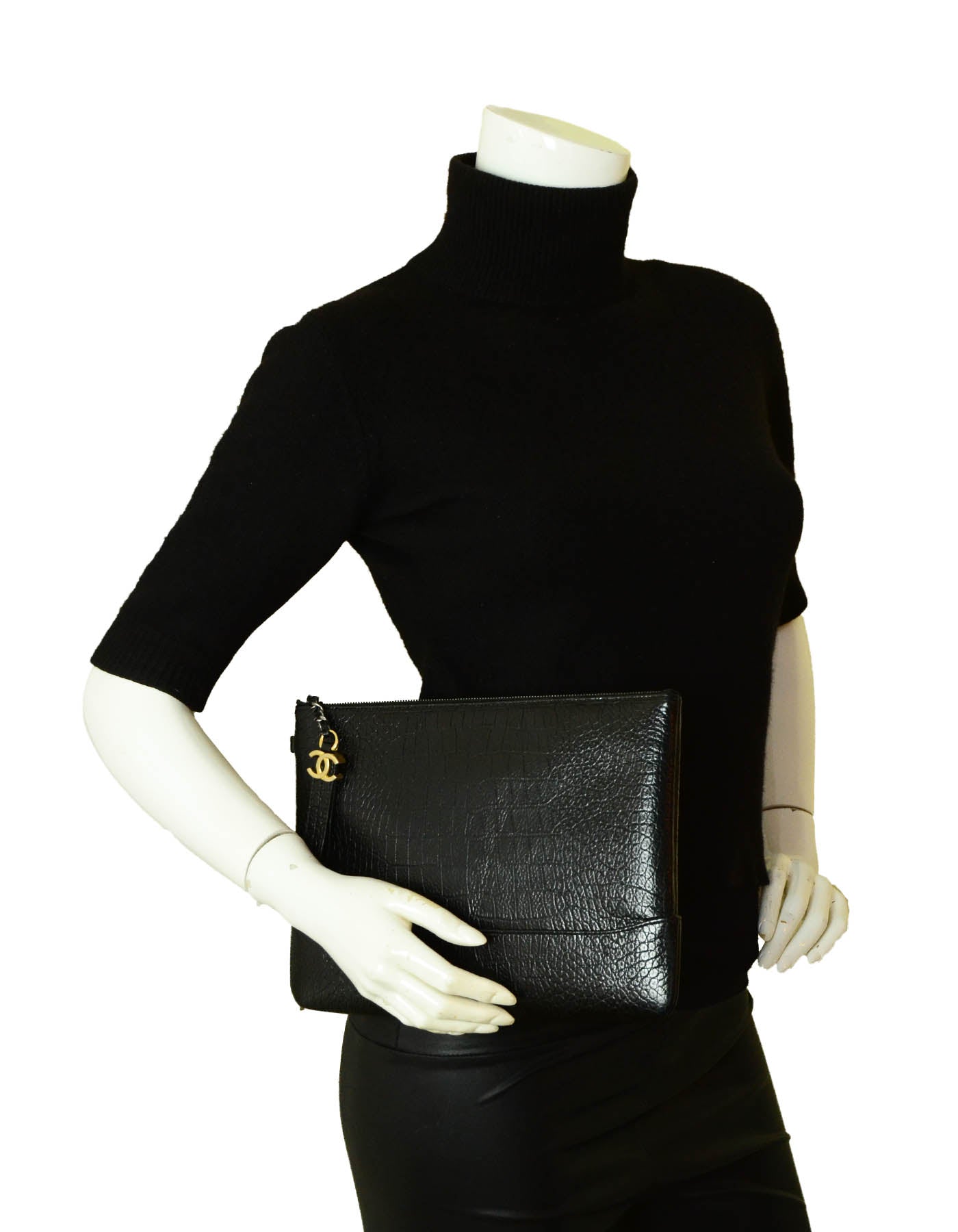 Chanel NEW Black Crocodile Embossed Gabrielle Handbag - Rovelle Bags