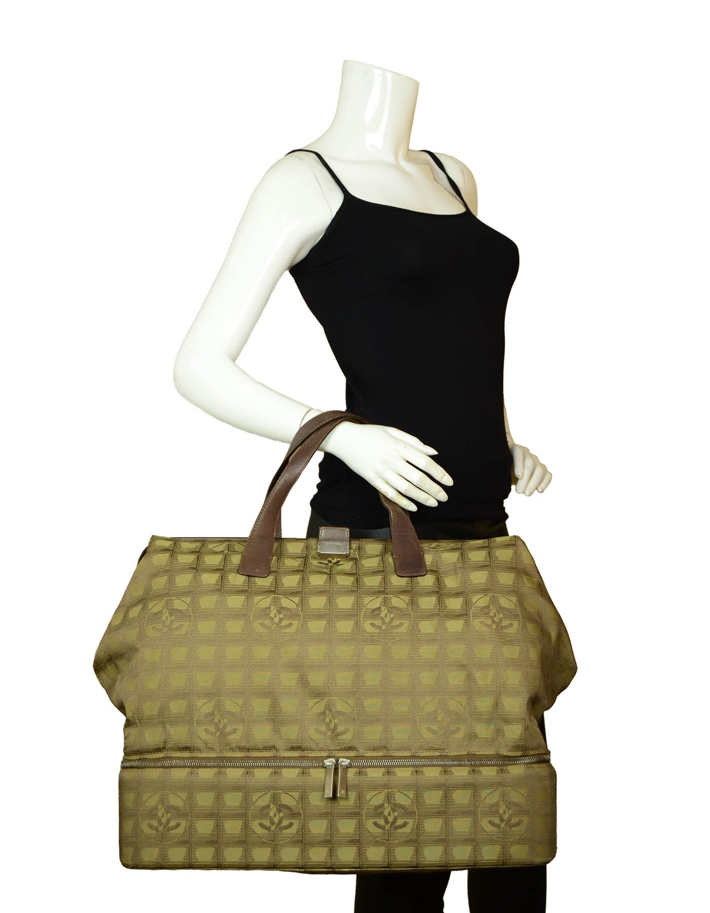 Chanel Khaki Logo Printed Travel Ligne Handbag - Rovelle Bags