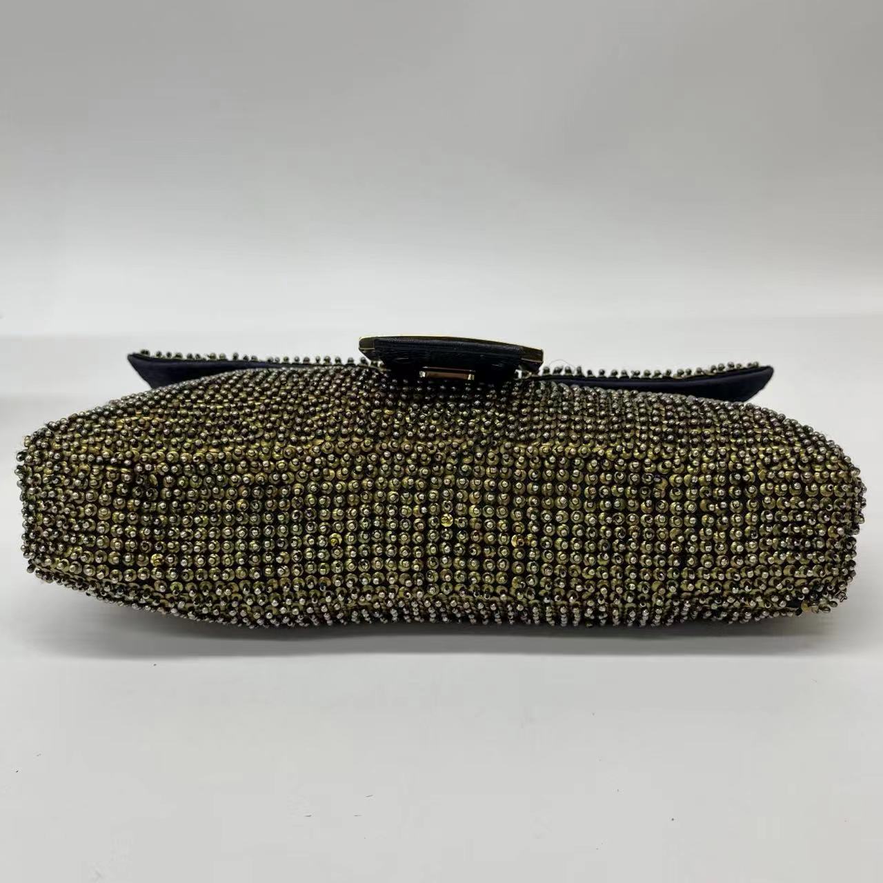 Fendi Baguette Rare Gold Metallic Beaded Snake-skin Trimmed Shoulder Bag