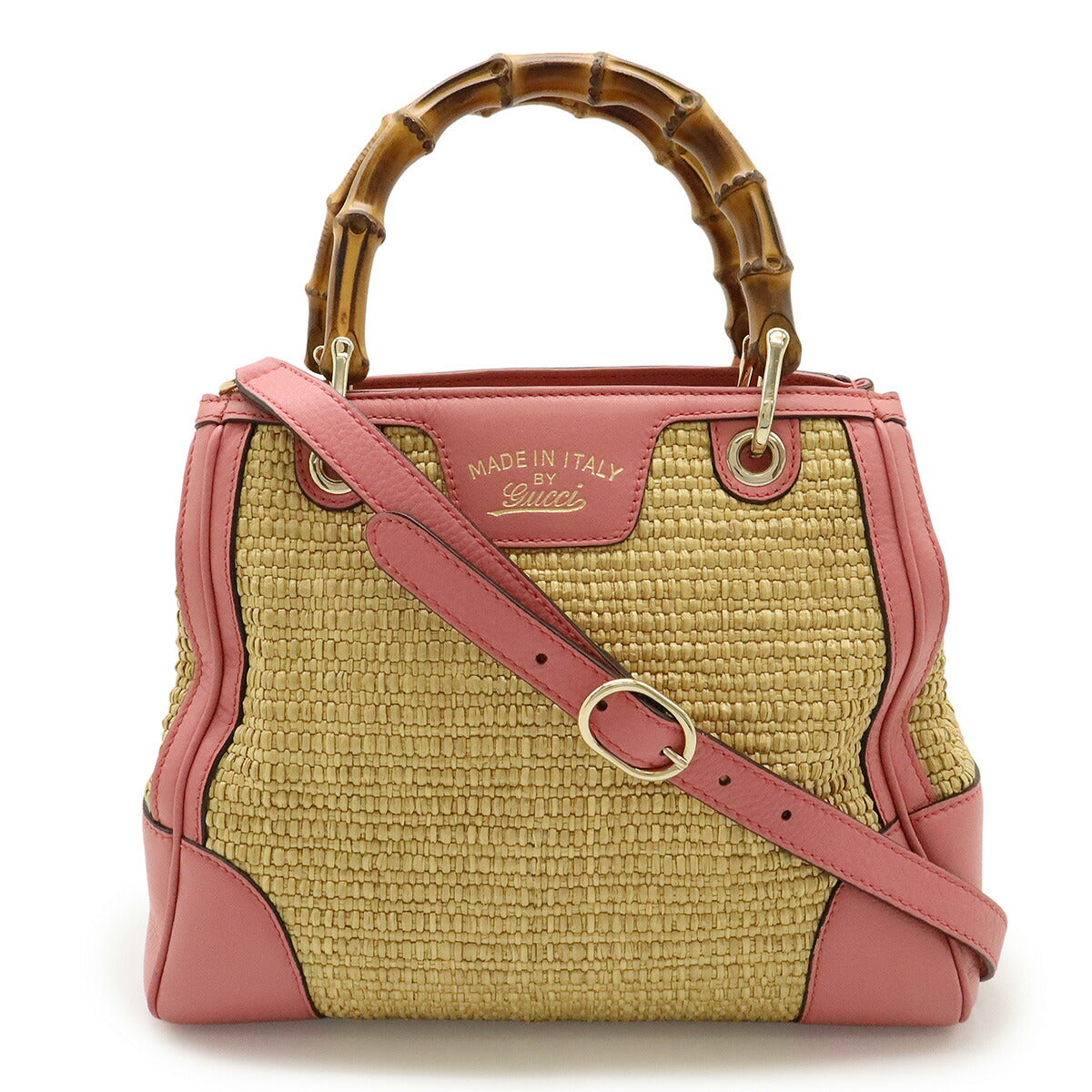 Gucci Bamboo Small Shopper Straw Leather 2way Handbag
