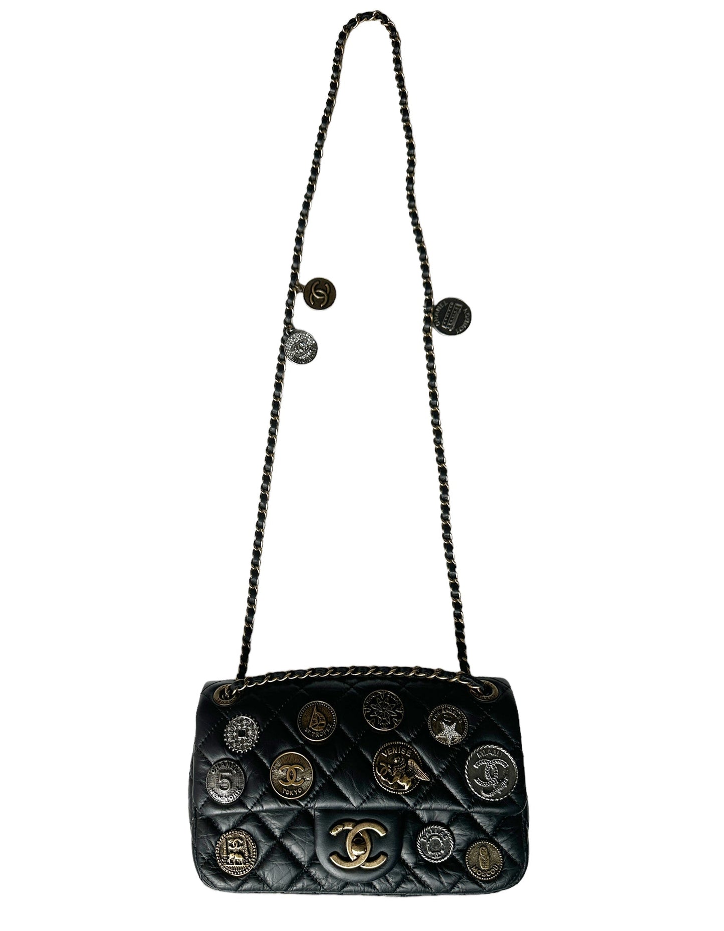 Chanel Black Calfskin Leather Quilted World Flap Bag - Rovelle Bags