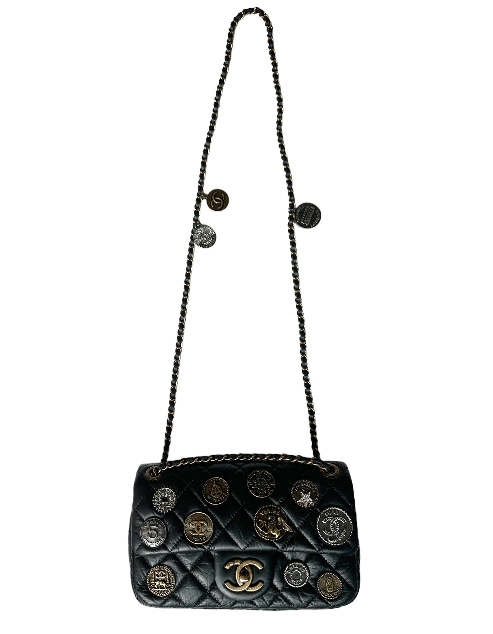 Chanel Black Calfskin Leather Quilted World Flap Bag - Rovelle Bags