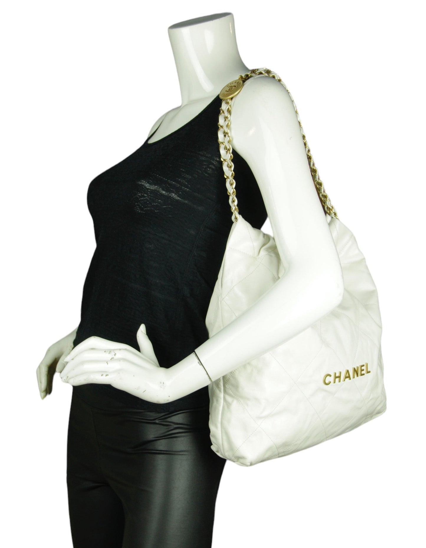 Chanel White Leather Quilted Chanel 22 Tote Bag - Rovelle Bags